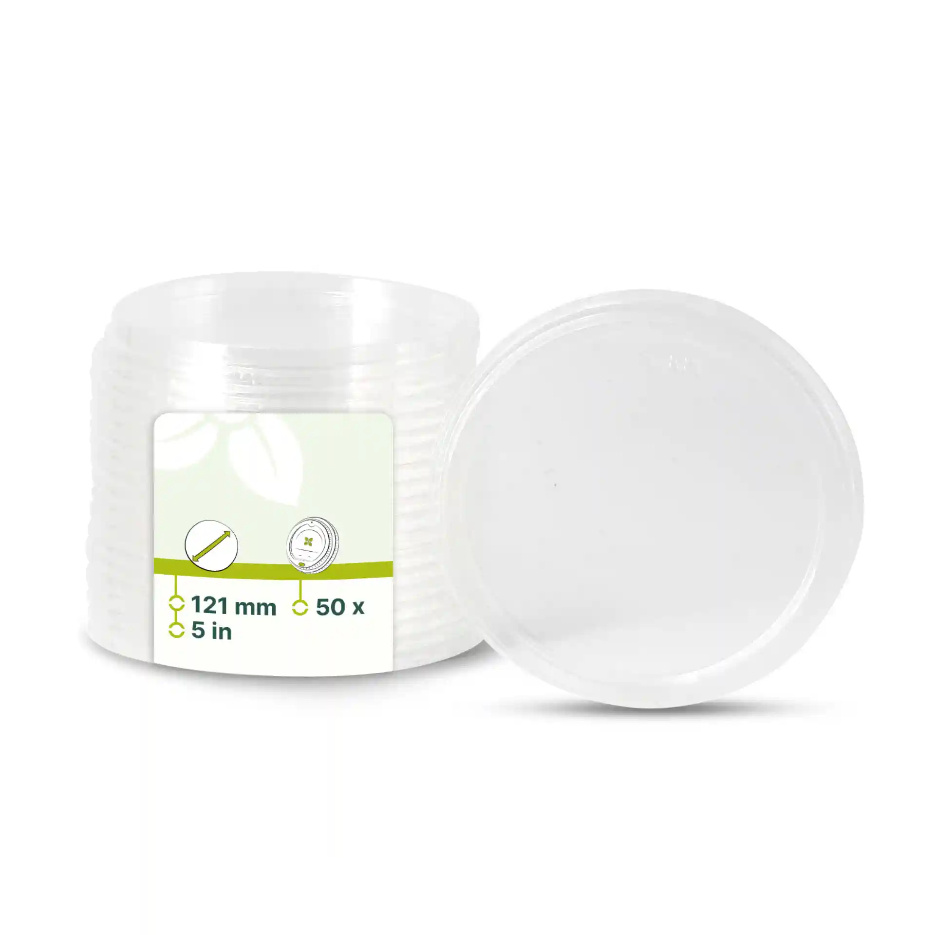 Transparent round lids for deli cups, 121 mm diameter, with a stack of several lids shown.