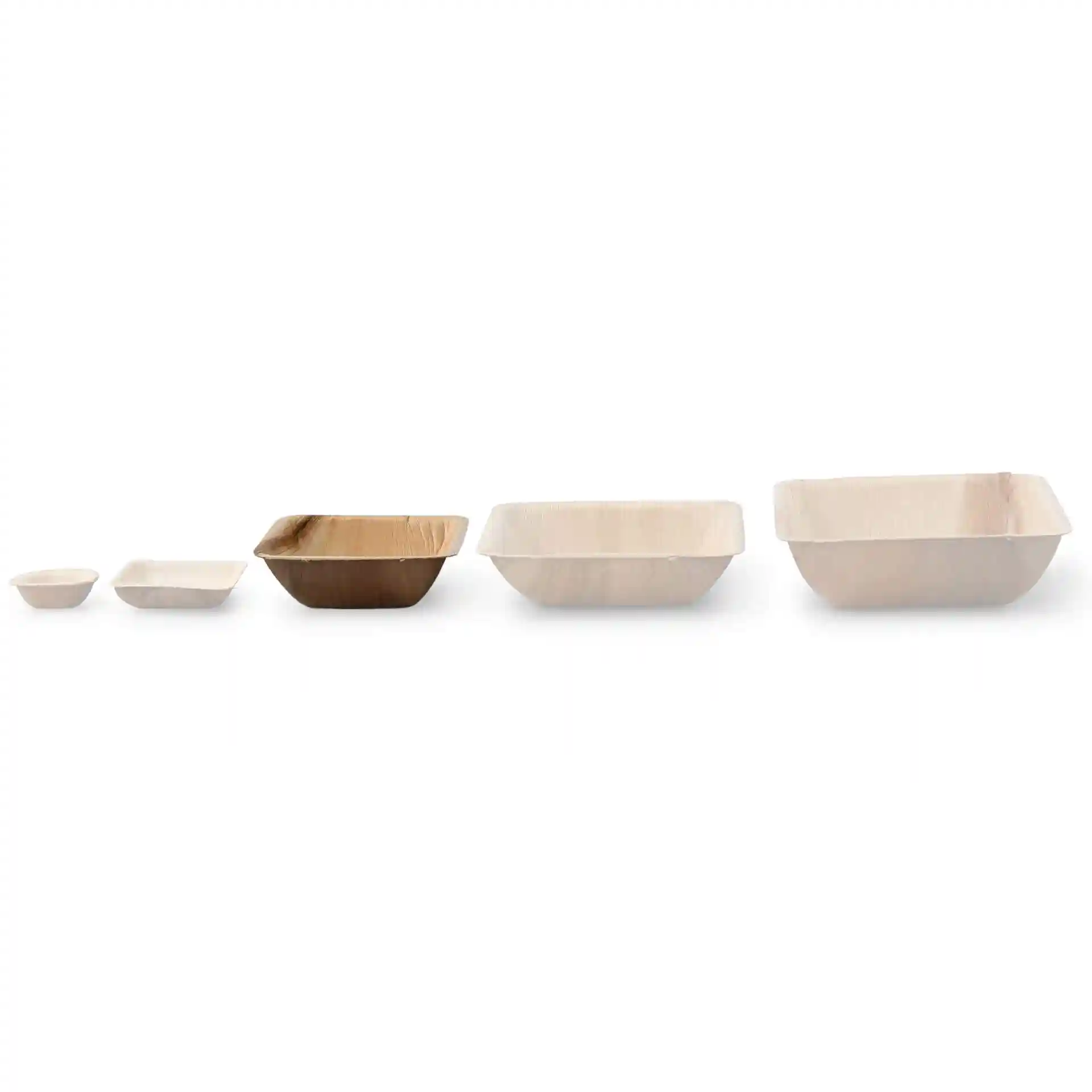 Image of five square palm leaf bowls in varying sizes, arranged from smallest to largest, on a plain background.