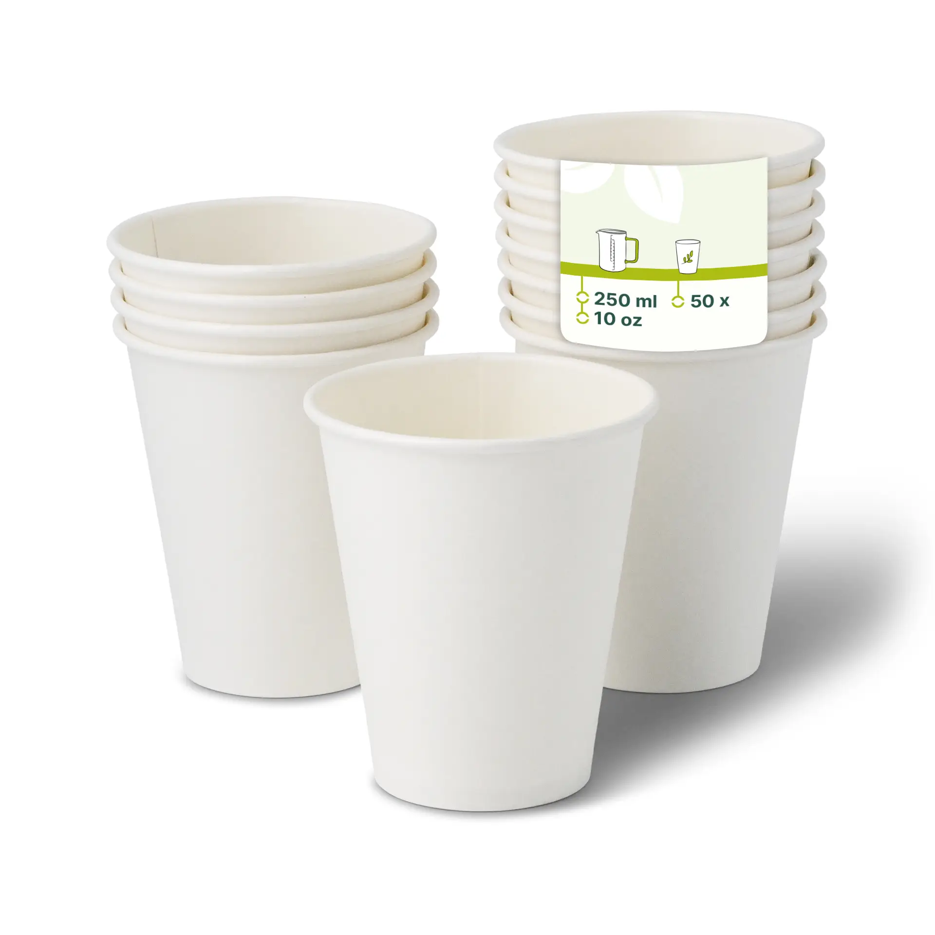 One white 10 oz paper cup in focus, with several similar cups behind; PE-coated for beverage use.
