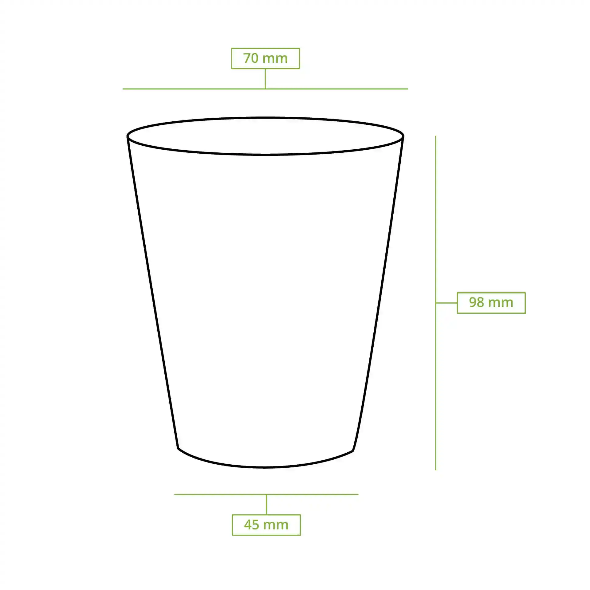 Schematic drawing of a round paper cup with dimensions: height 92 mm, top diameter 70 mm, bottom diameter 45 mm.