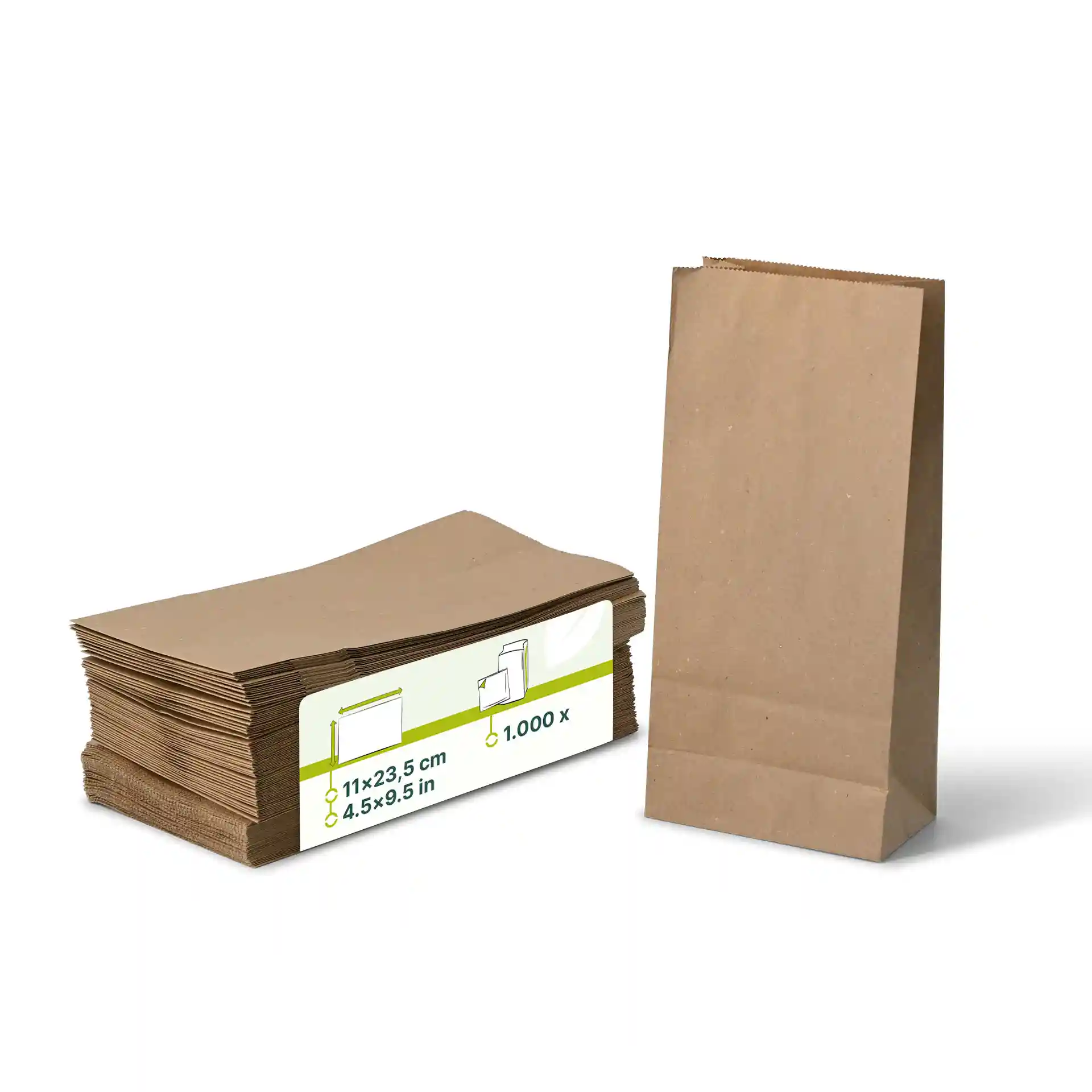 Braune Kraftpapierblockbodenbeutel, 11 x 6 x 23,5 cm, gestapelt mit einem Beutel aufrecht.
