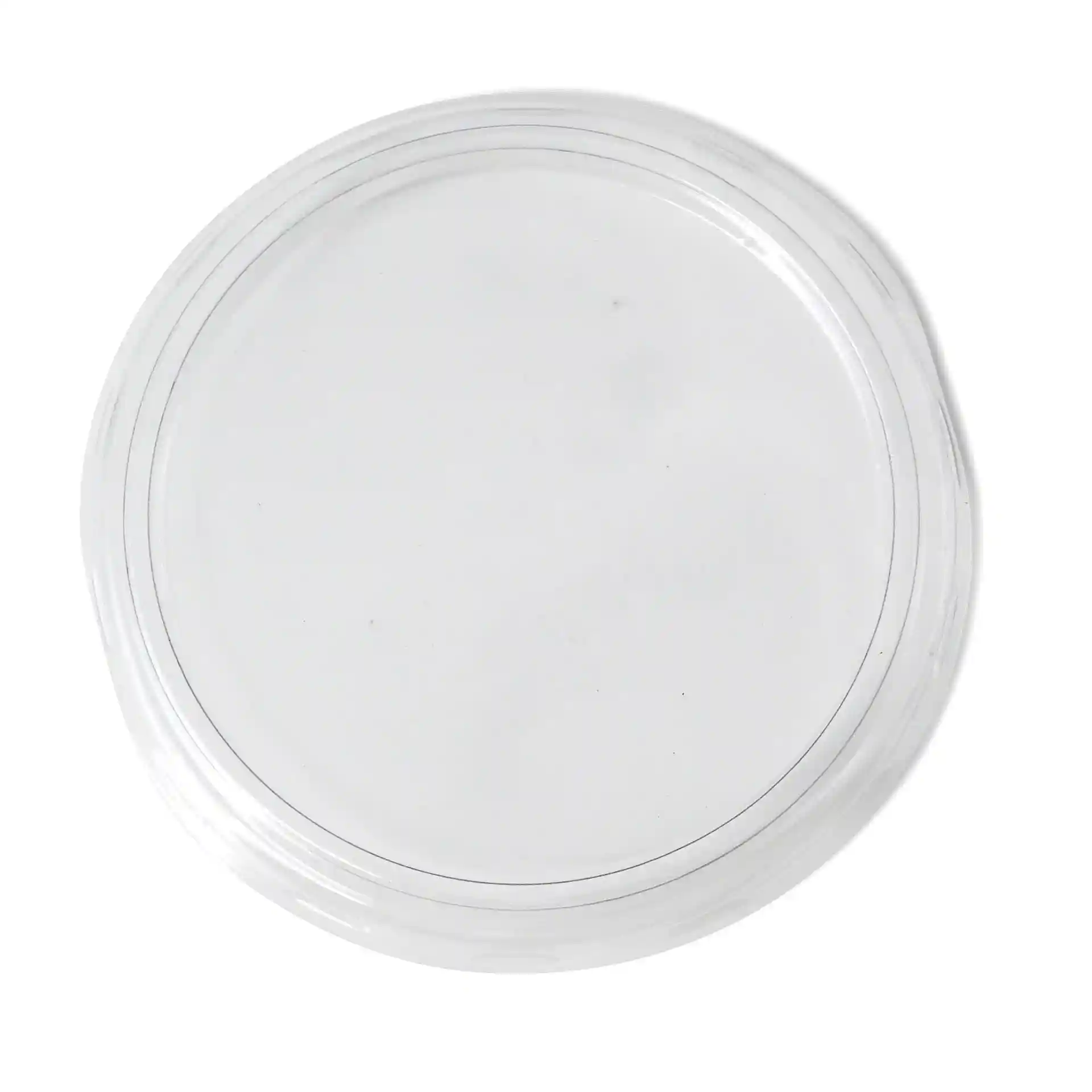 Transparent round rPET lid with a diameter of 75 mm and a height of 11 mm.