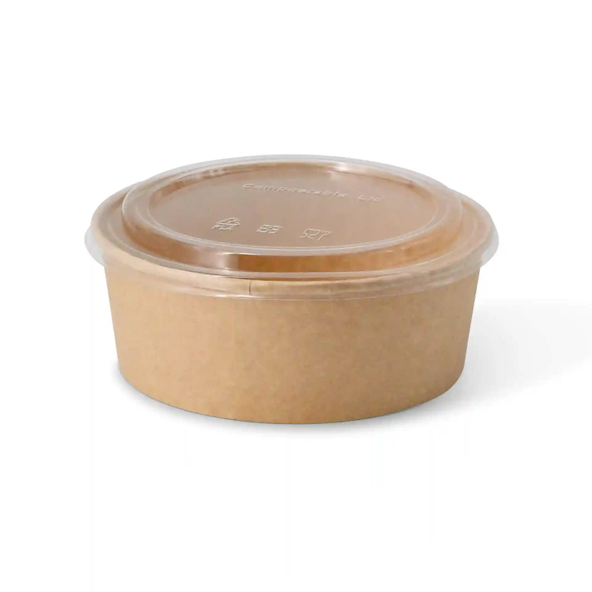 Runder Becher mit transparentem Deckel, aus PLA, mit braunem Boden und klarem Oberteil.