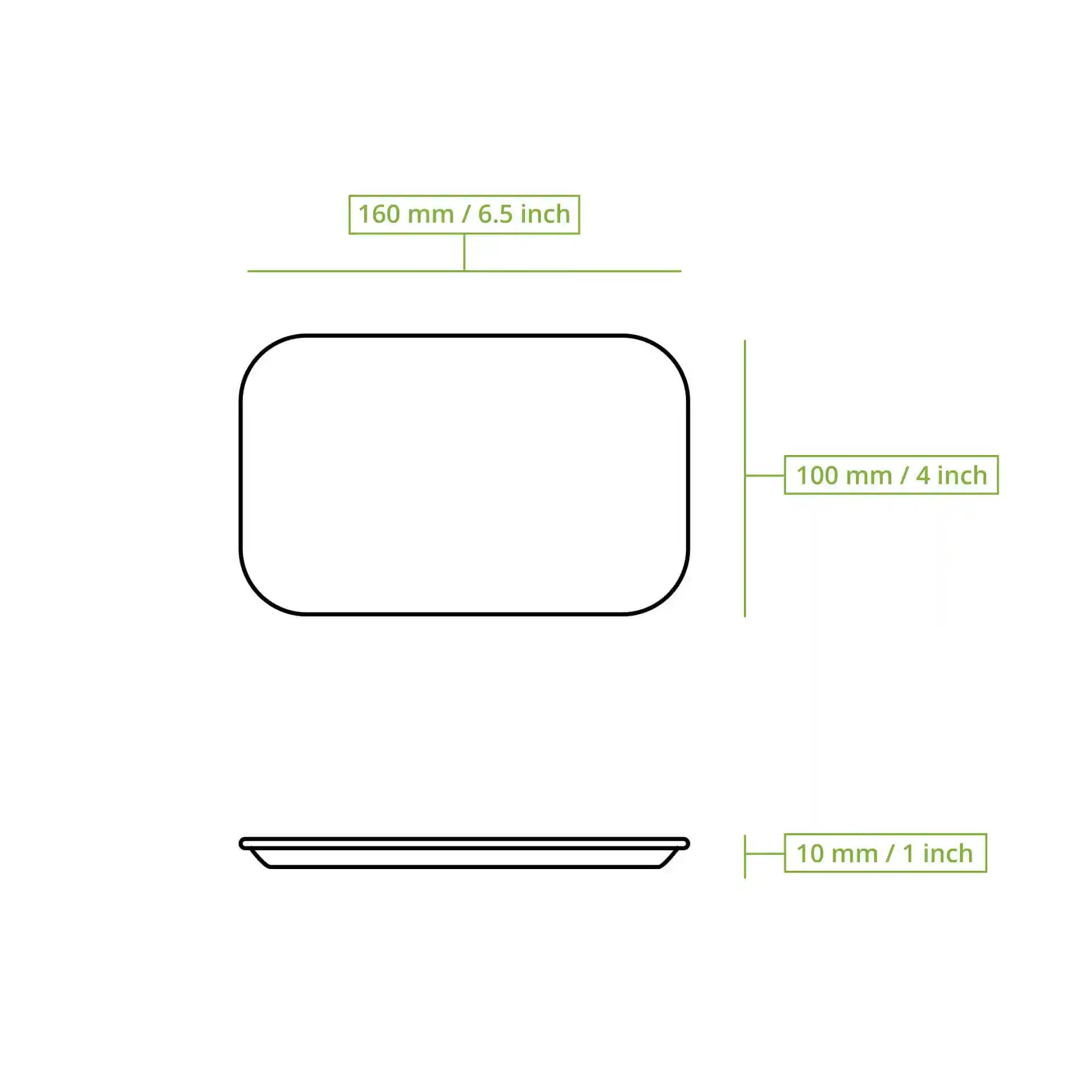 Schematic drawing of a rectangular paper plate with dimensions 160 mm by 100 mm and height of 10 mm.