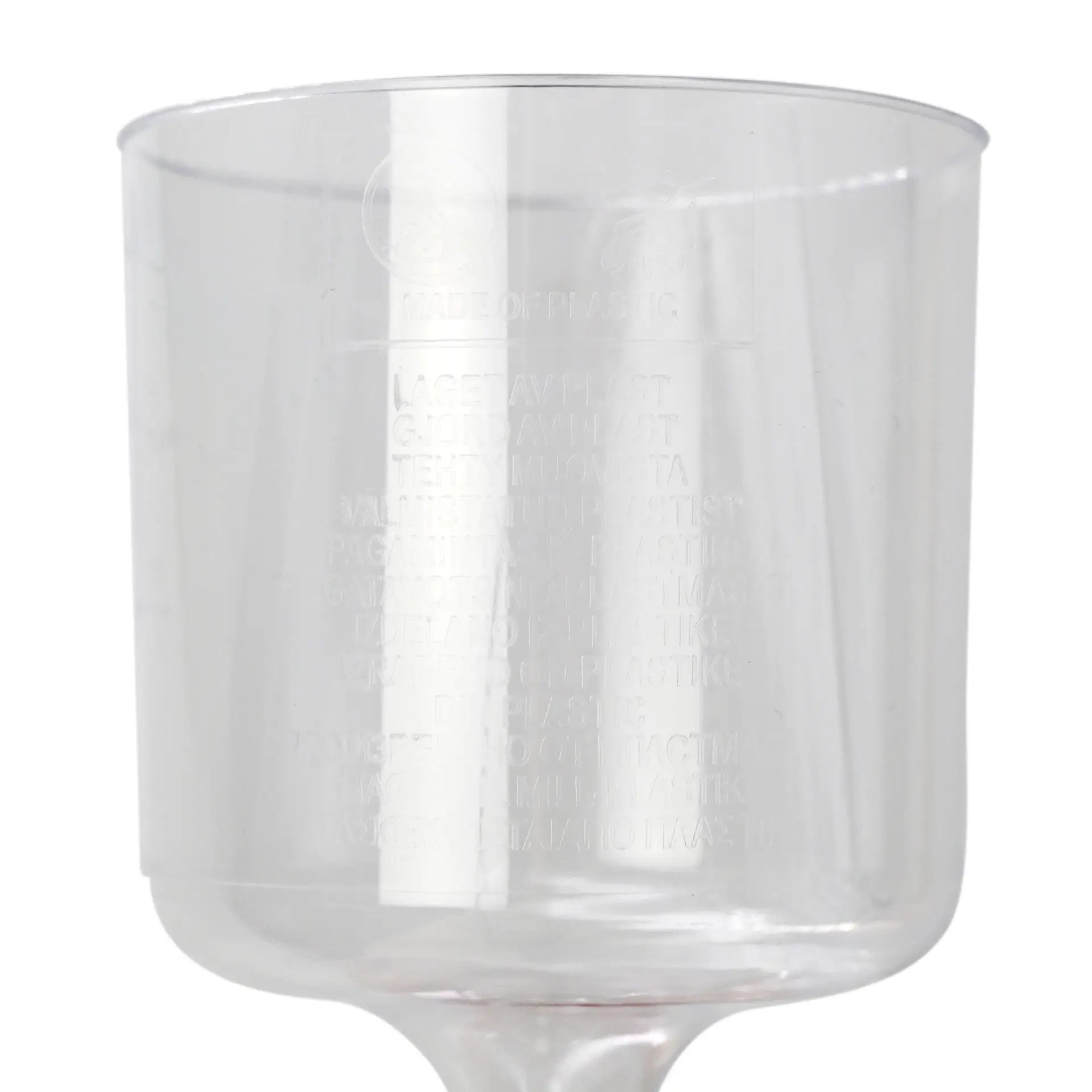 Transparent reusable wine glass with a height of 100 mm and a diameter of 70 mm at the top.