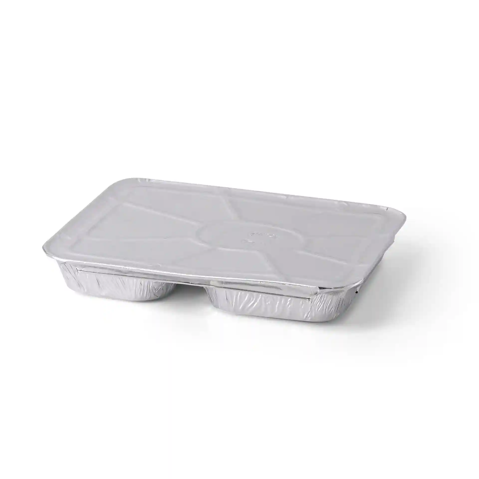 Rechteckiges Aluminium-Essensblech mit zwei Fächern, Maße 22,7 x 17,7 x 3 cm.