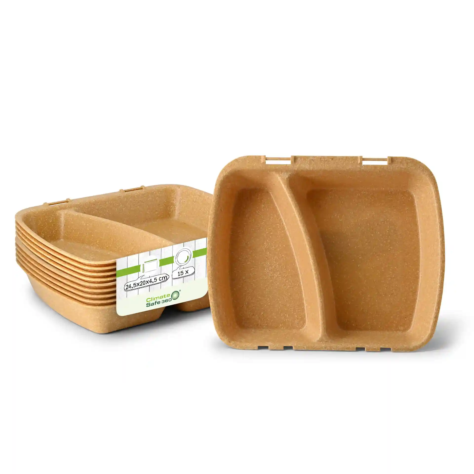 Brown reusable meal container with two compartments, measuring 24.5 x 20 x 4.5 cm, with a label showing product details.