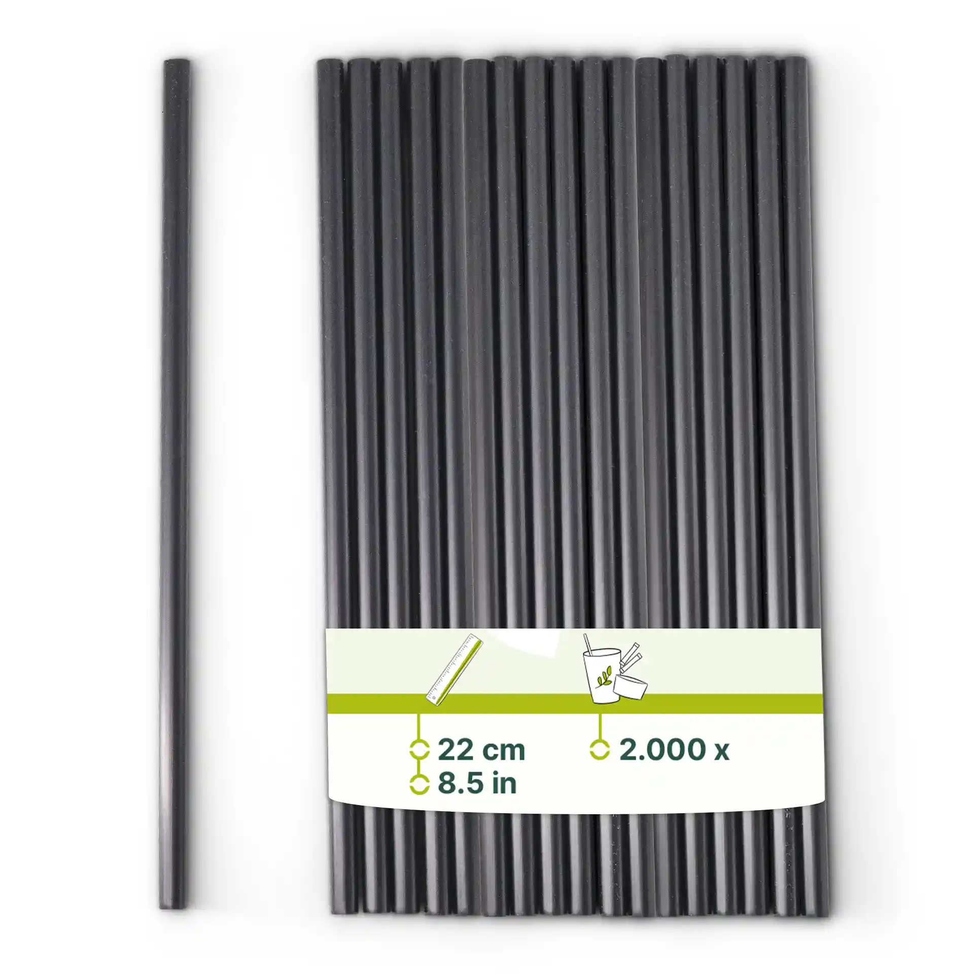 Black reusable straws, 22 cm long and 0.7 cm in diameter, arranged with a label showing dimensions and quantity.