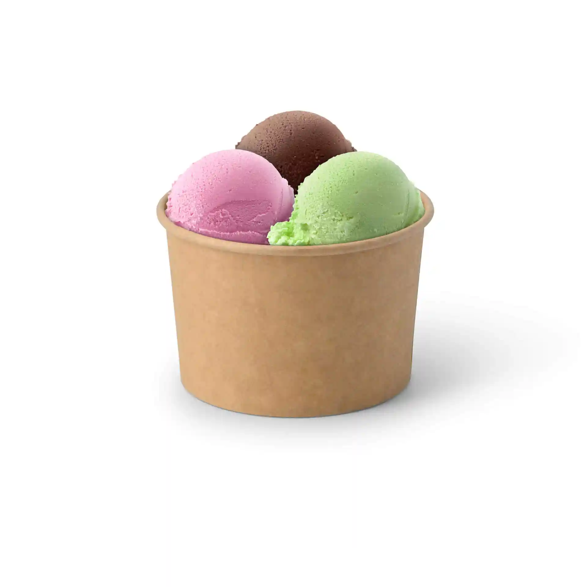 Brauner Pappbecher mit drei Kugeln Eis: pink, grün und braun.