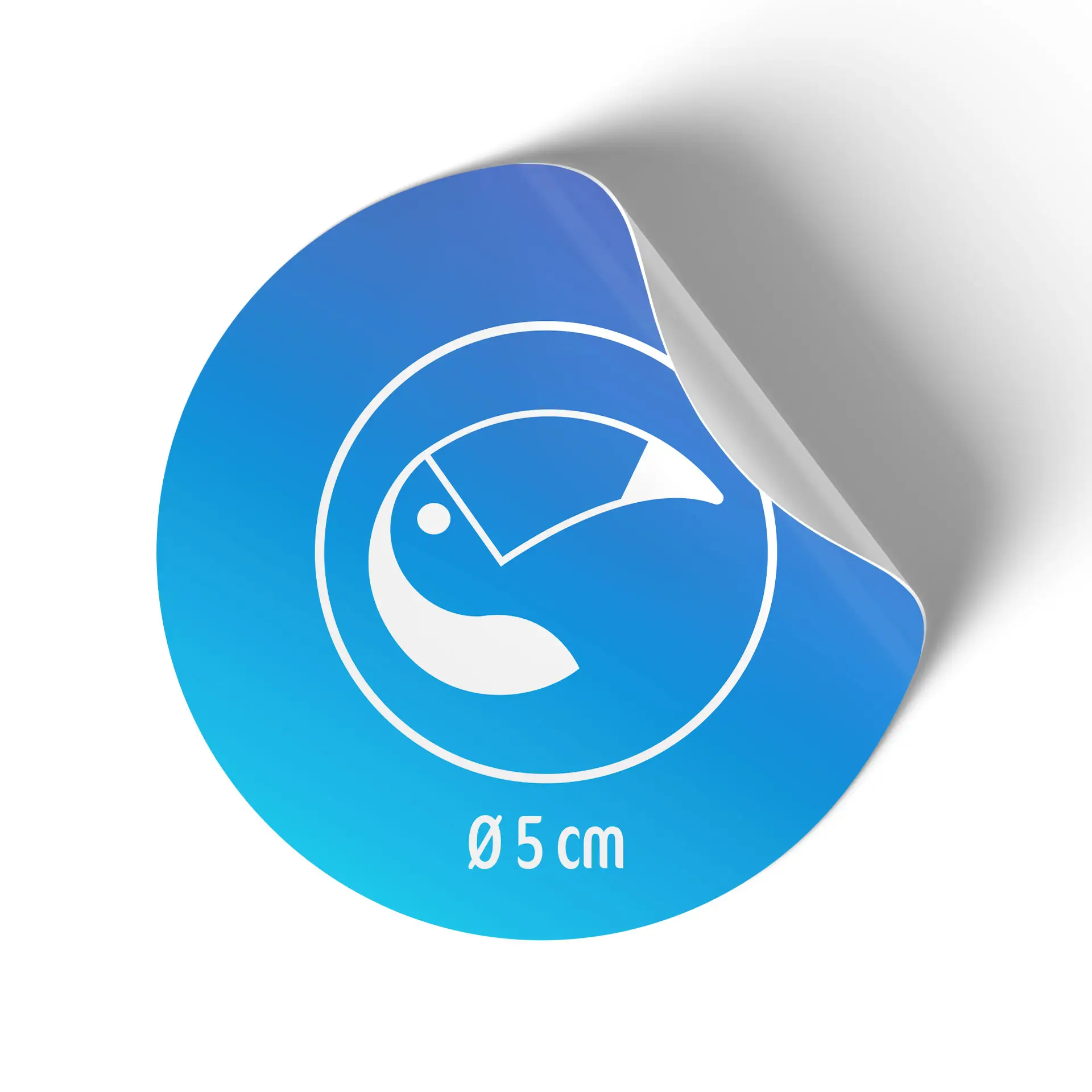 Circle sticker design with a blue gradient background and a white symbol; features a peeling effect and a diameter of 5 cm.