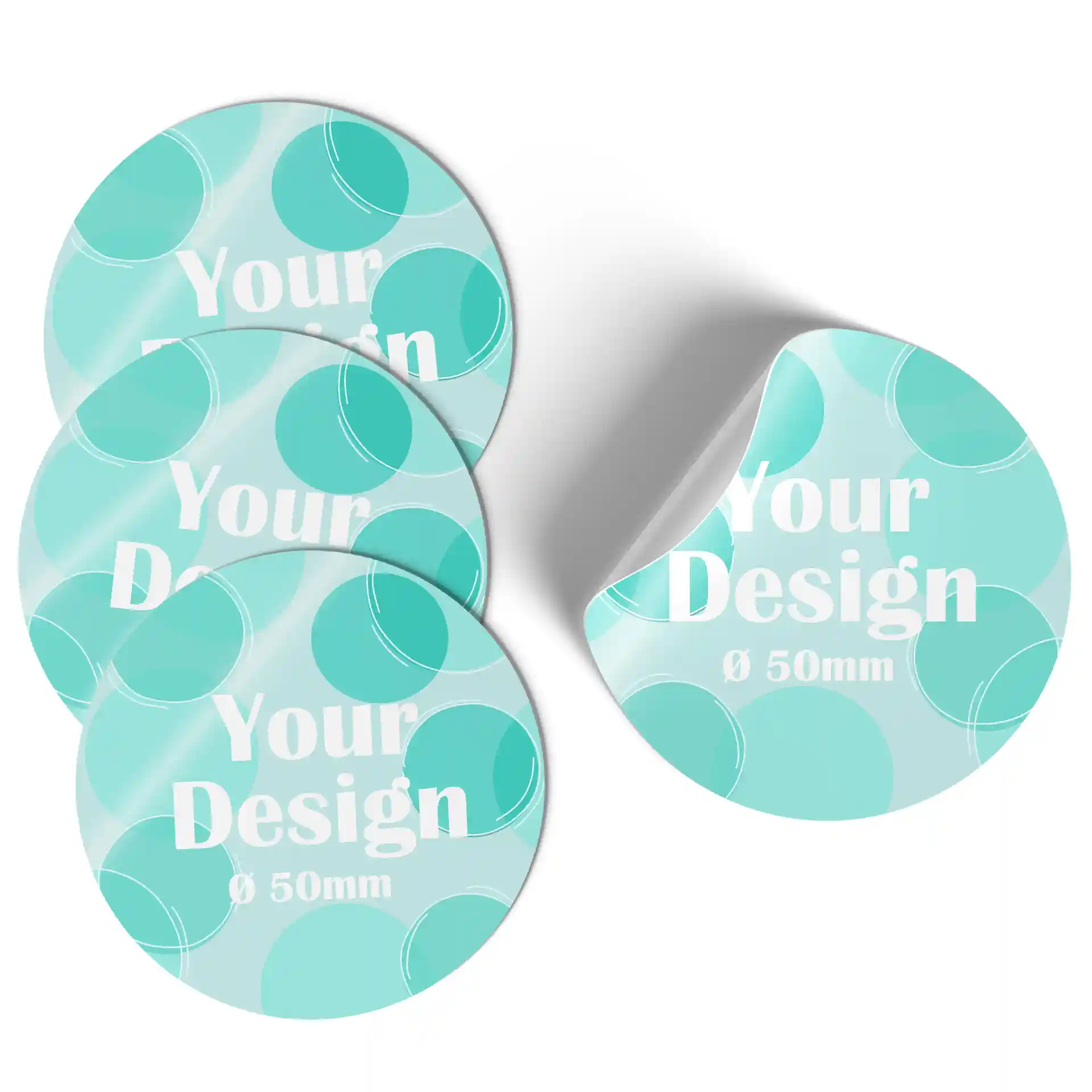 Four round printed labels with a turquoise design, each measuring 50 mm in diameter.