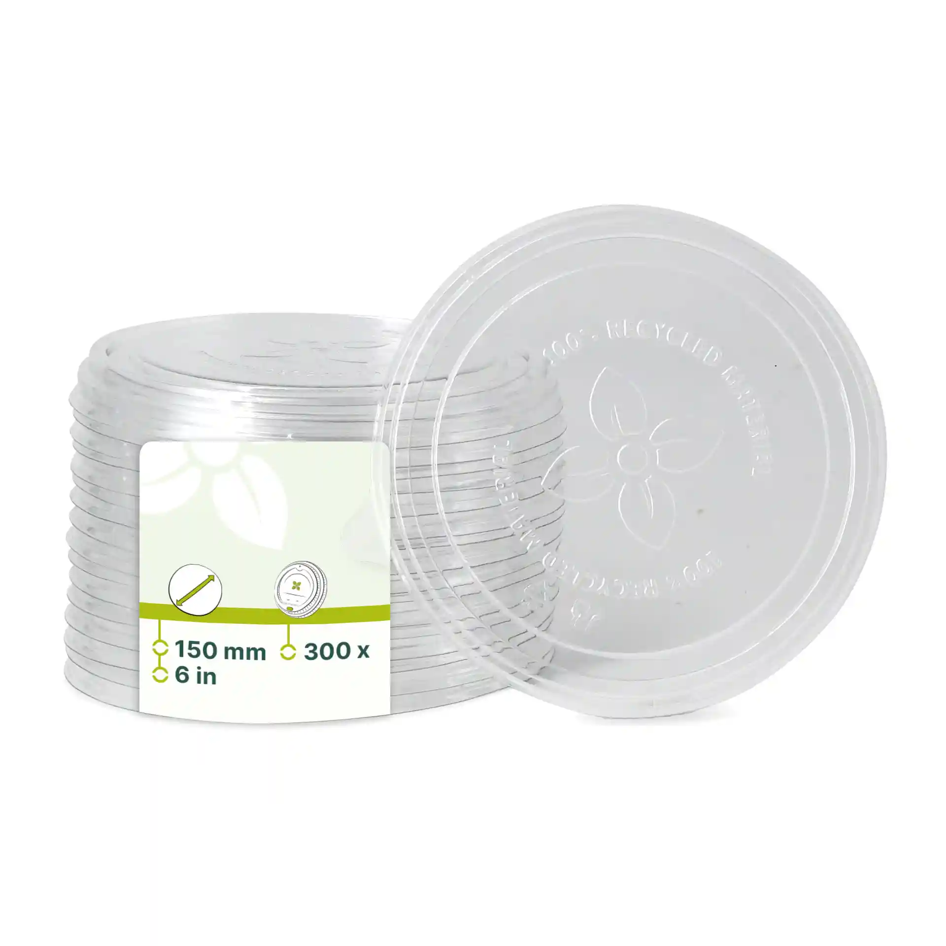 Stack of transparent cup lids made from rPET, each with a diameter of 150 mm, displayed with a label.