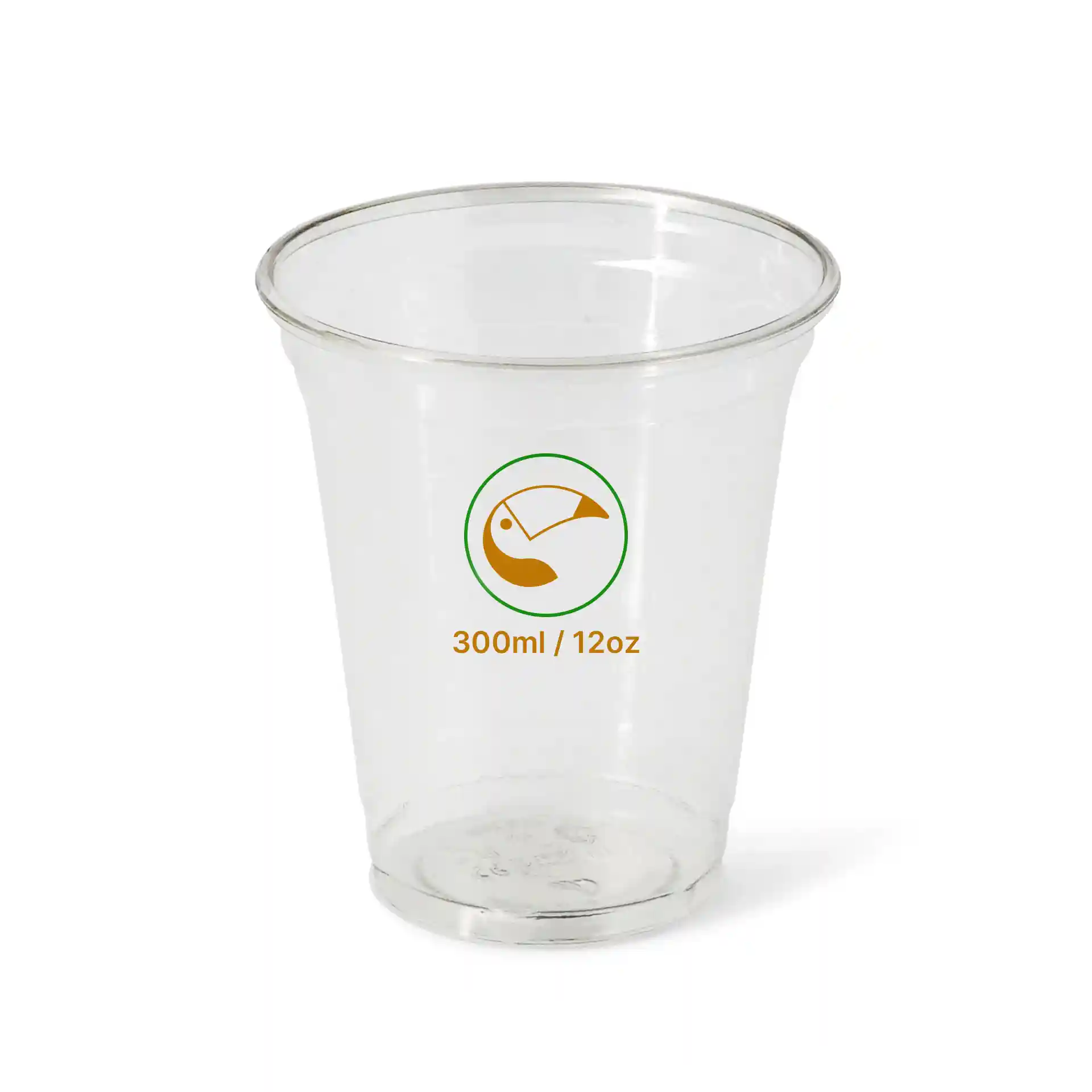 Klarer 12 oz rPET-Becher mit einer Höhe von 107 mm und einem Durchmesser von 94 mm, mit bedrucktem Design.