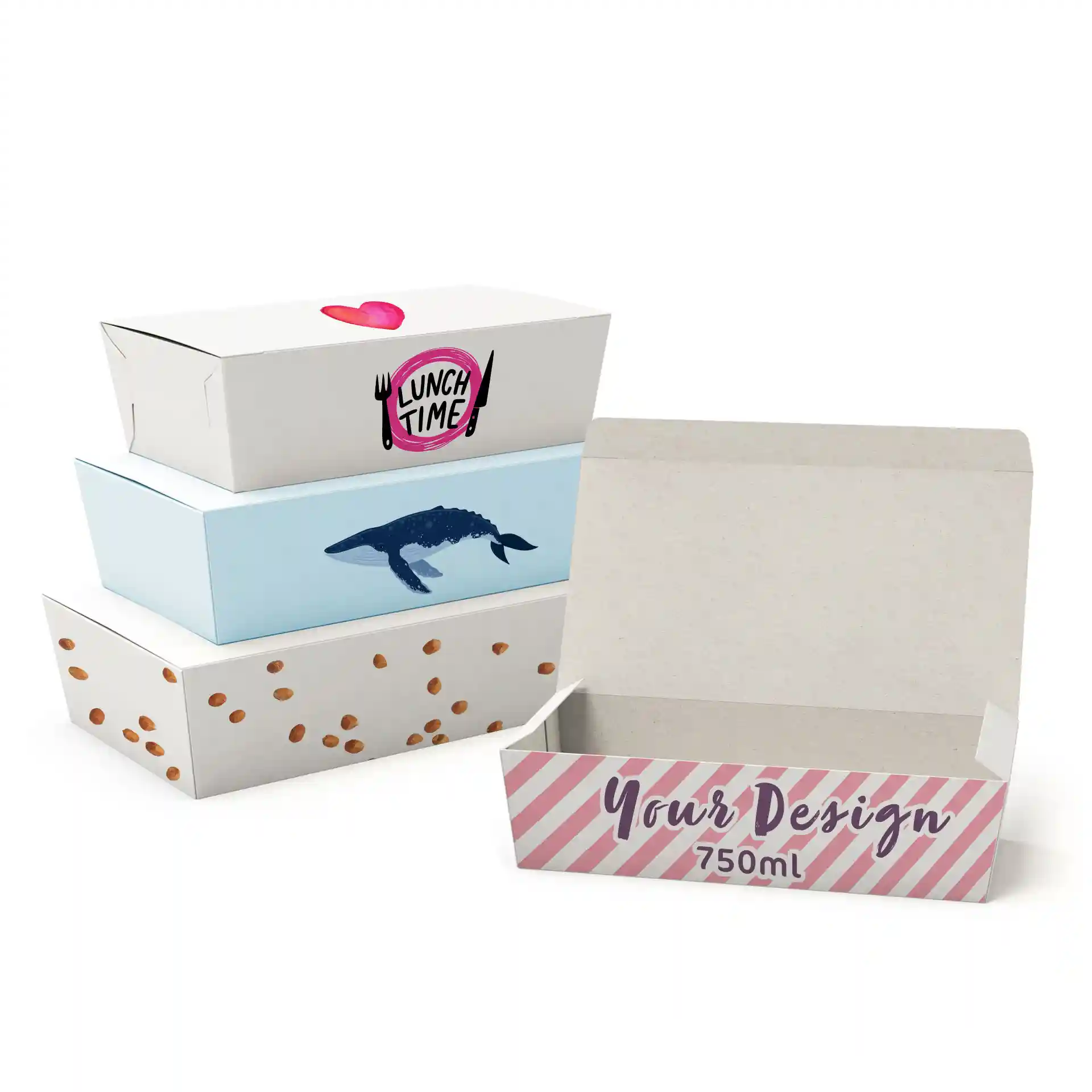 Stack of four printed snack boxes in various designs, including a whale, dots, and a customizable box, with one open.