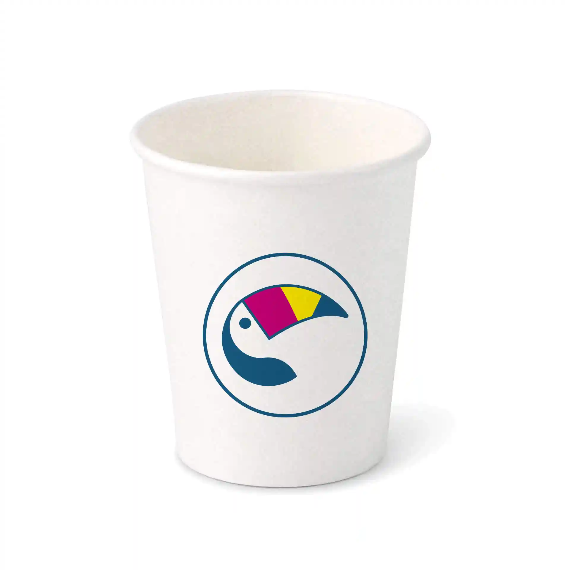 White paper cup with a circular logo featuring a stylized bird design in blue, pink, and yellow colors.