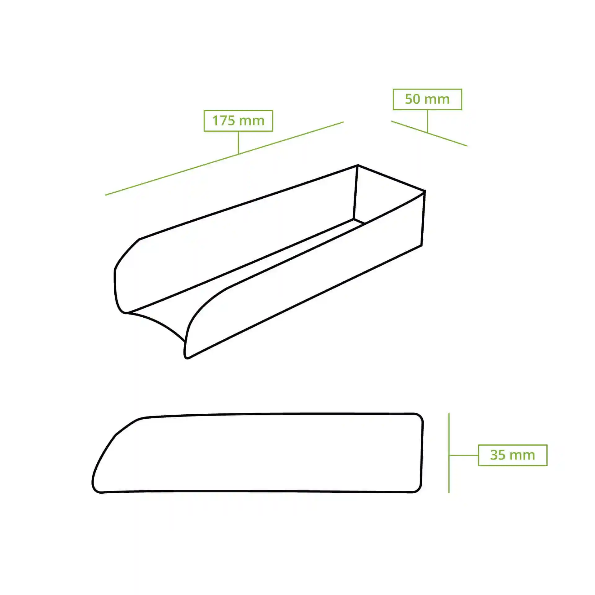 Schematische Zeichnung eines rechteckigen Hot-Dog-Tabletts mit den Abmessungen 175 mm x 50 mm und einer Höhe von 35 mm.