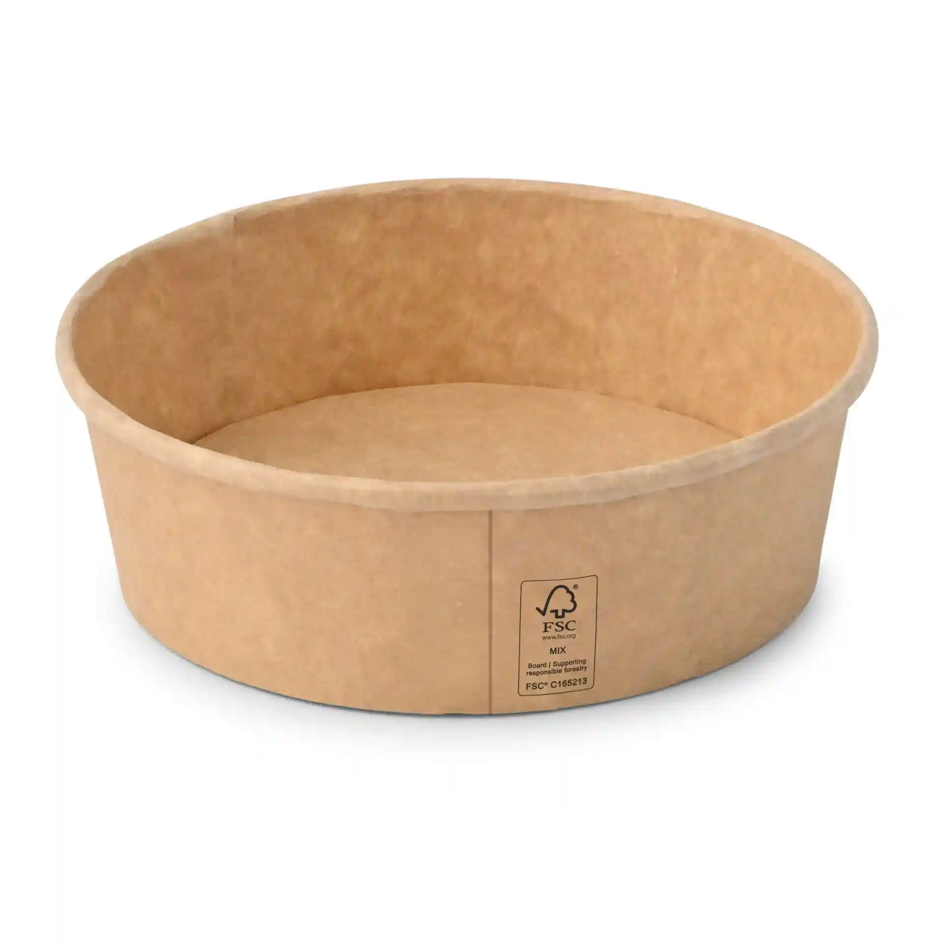 Brown round paper bowl with a diameter of 150 mm and height of 52 mm, made of cardboard with a coating.