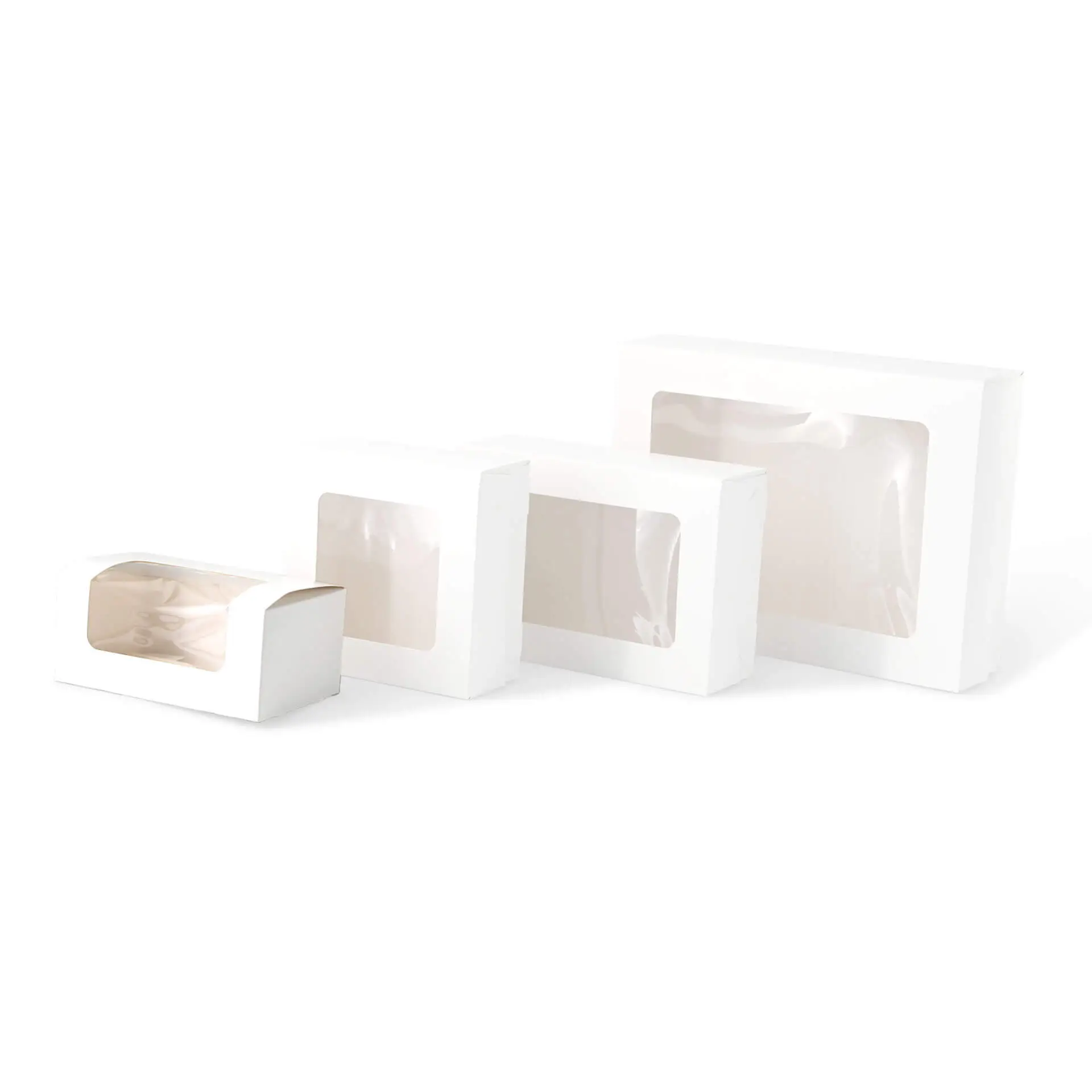 Set aus vier weißen Cupcake-Boxen mit Cellulosefenstern, geeignet für verschiedene Backwaren.