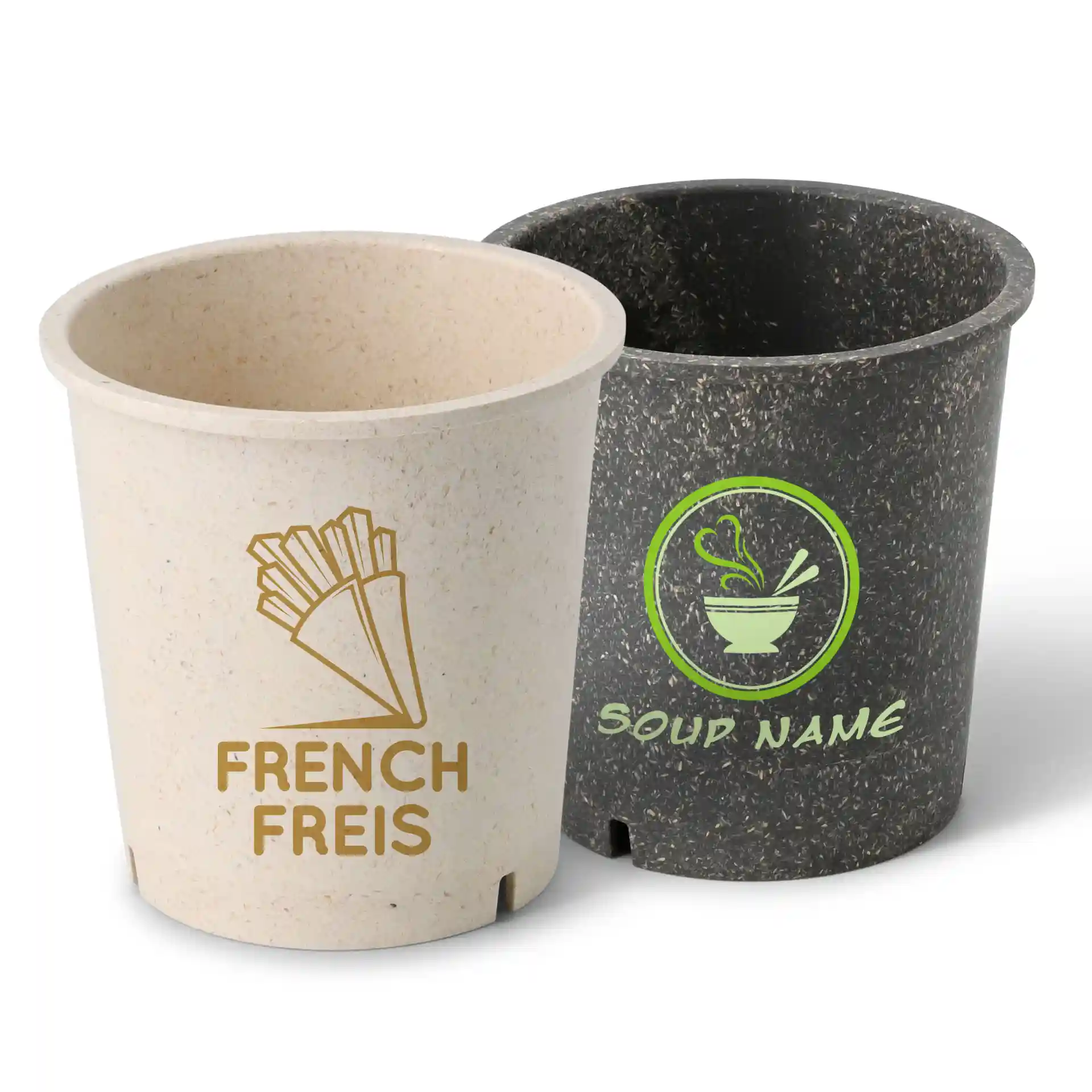 Two reusable soup cups, one cream white with a French fries graphic and one dark with a soup graphic.