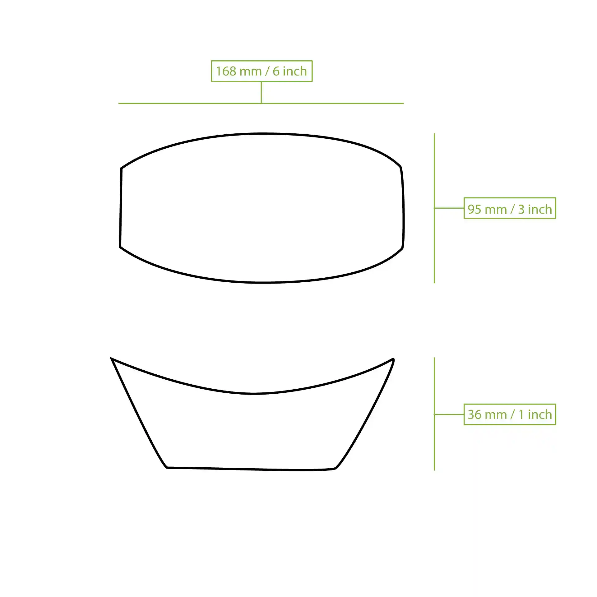 Schematische Zeichnung eines bootförmigen Behälters mit Maßen: 170 mm Länge, 95 mm Breite und 36 mm Höhe.