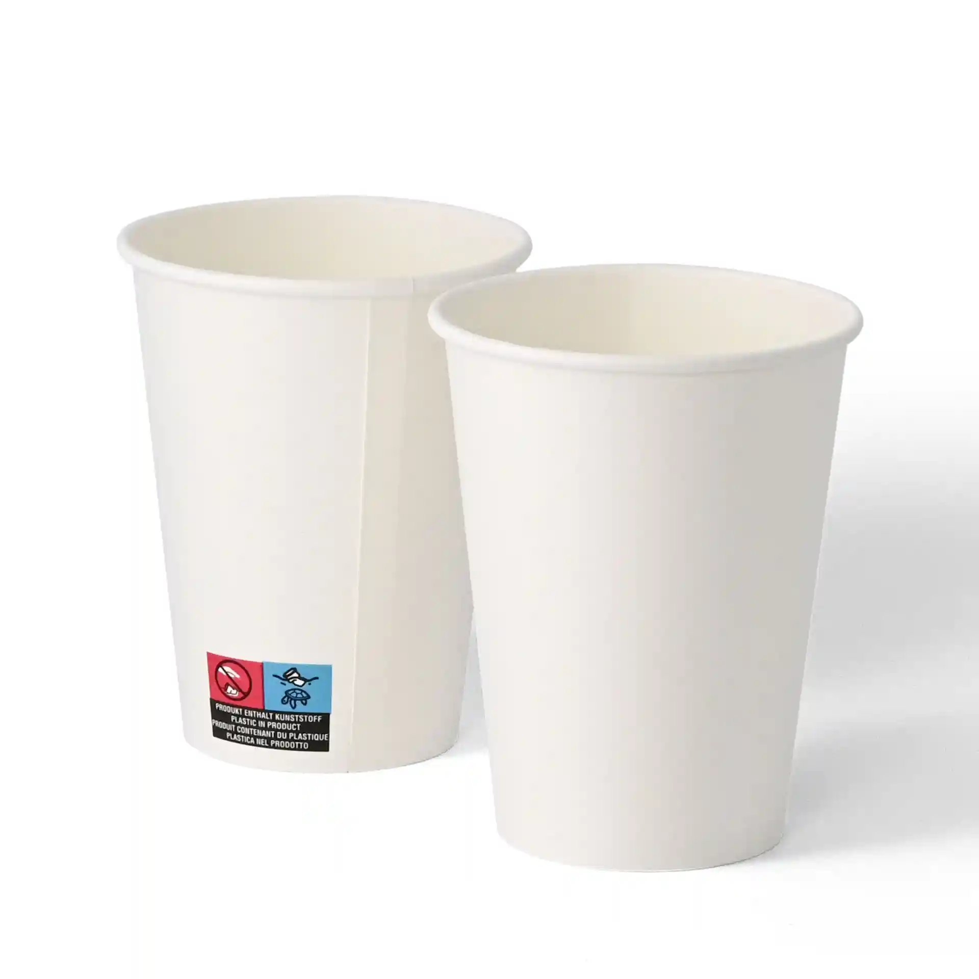 Zwei schlichte weiße Einwand-Papierbecher, 300 ml, mit einem Durchmesser von 90 mm und einem Etikett mit Symbolen auf einem Becher.