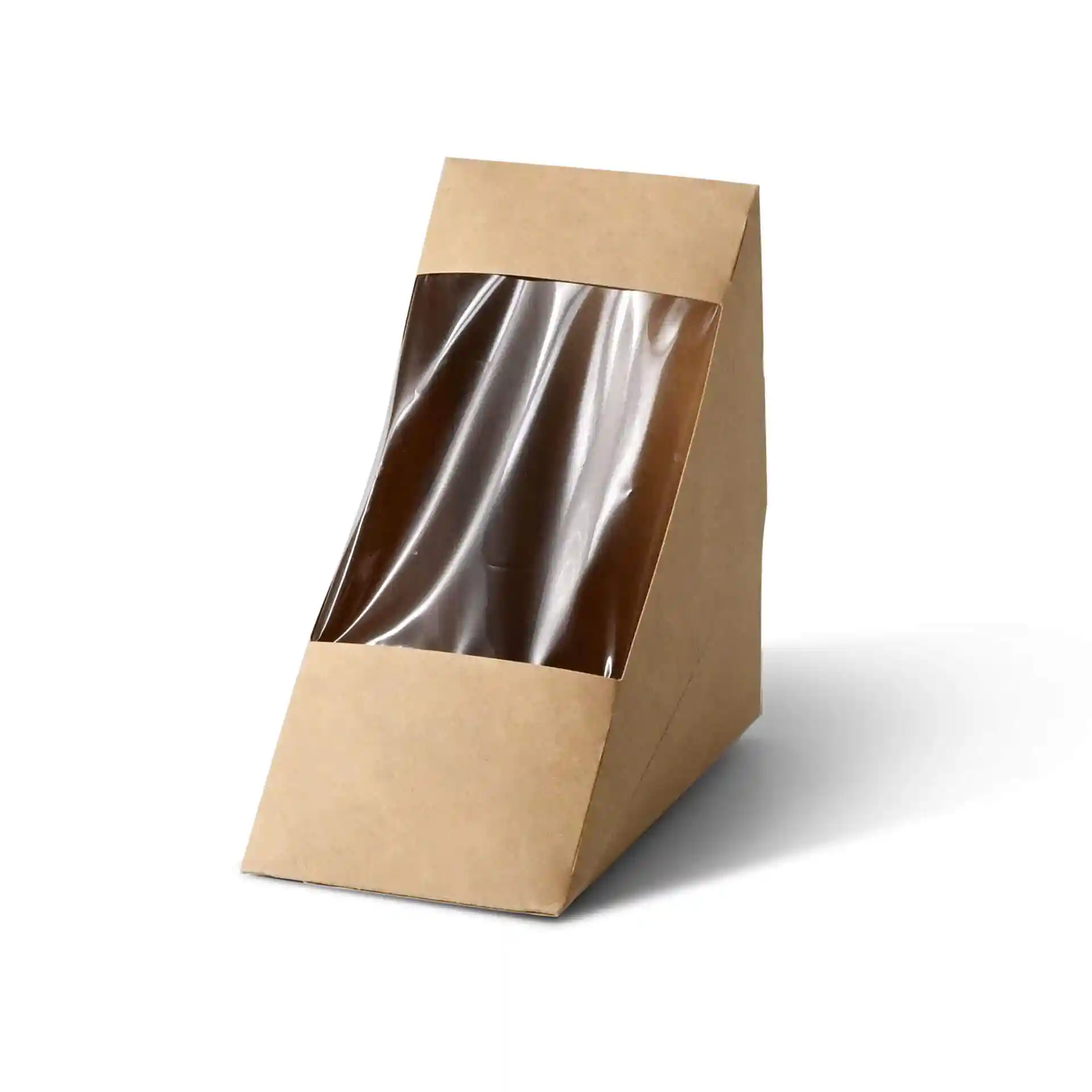 Brown cardboard sandwich wedge with a transparent PLA window, triangular shape, and eco-friendly coating.