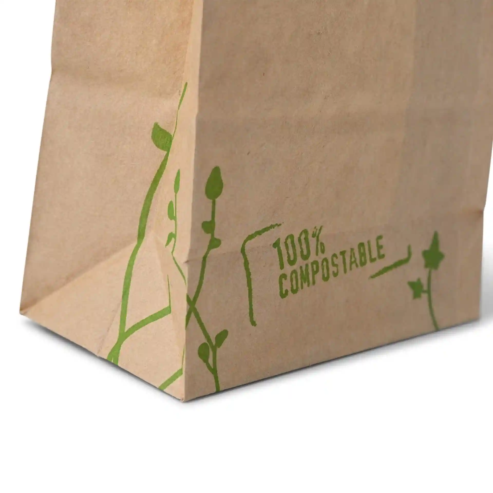 Braune Kraftpapiertüte mit grünem Design und sichtbarem Etikett zur Kennzeichnung der Kompostierbarkeit.