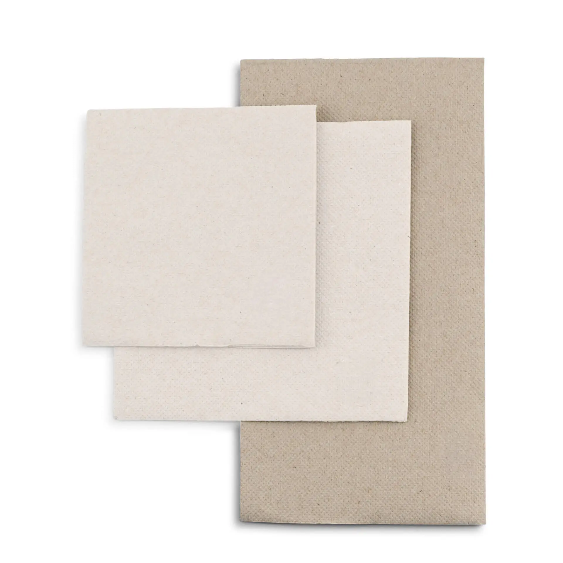 Three unbleached recycled paper napkins in varying sizes, arranged with a rectangular shape and visible markings.