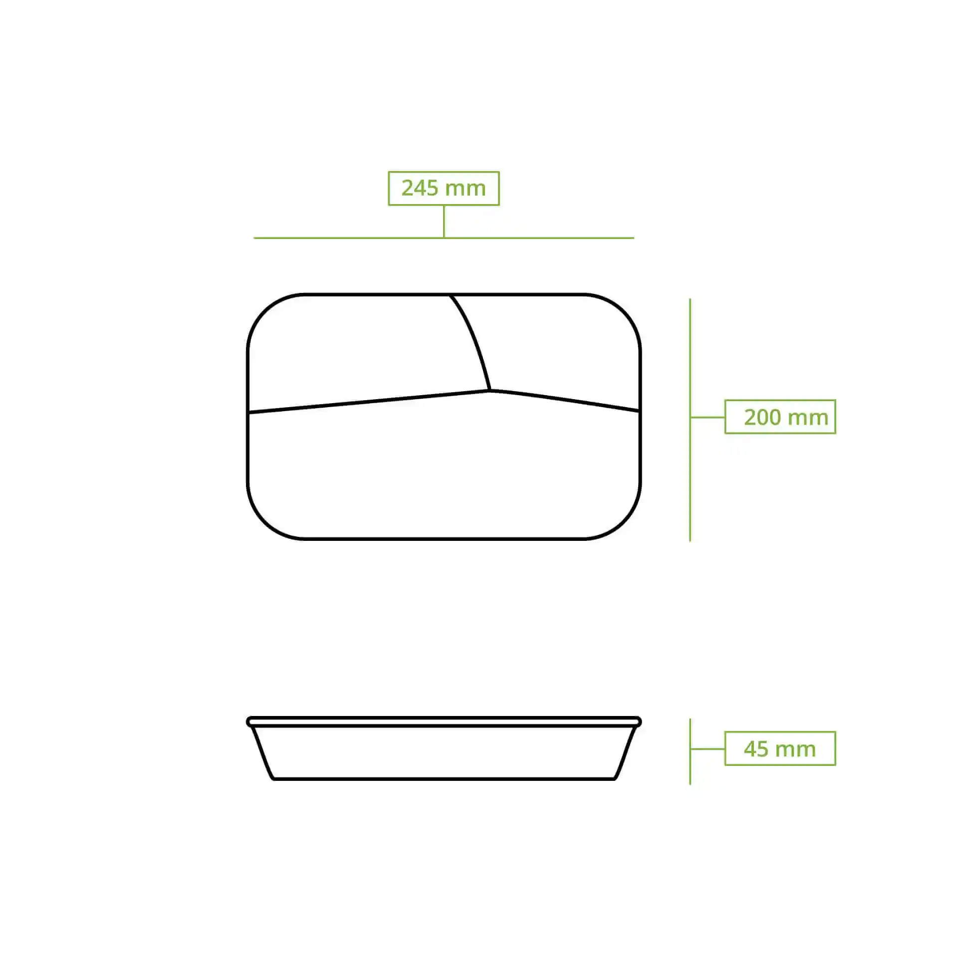Schematic drawing of a rectangular meal container with dimensions 245 mm by 200 mm and height 45 mm.