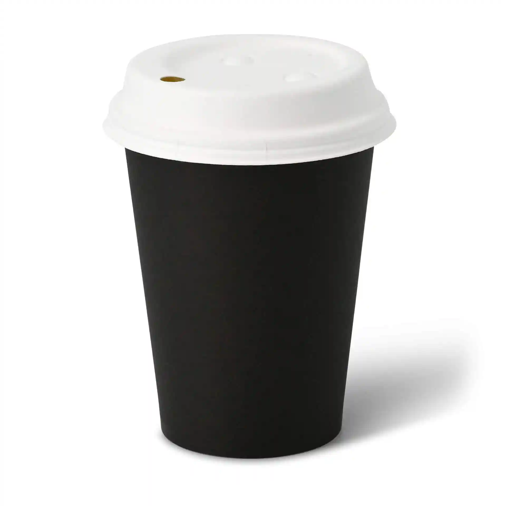 Black paper cup with a white lid, round shape, 12 oz capacity, and a diameter of 90 mm at the top.