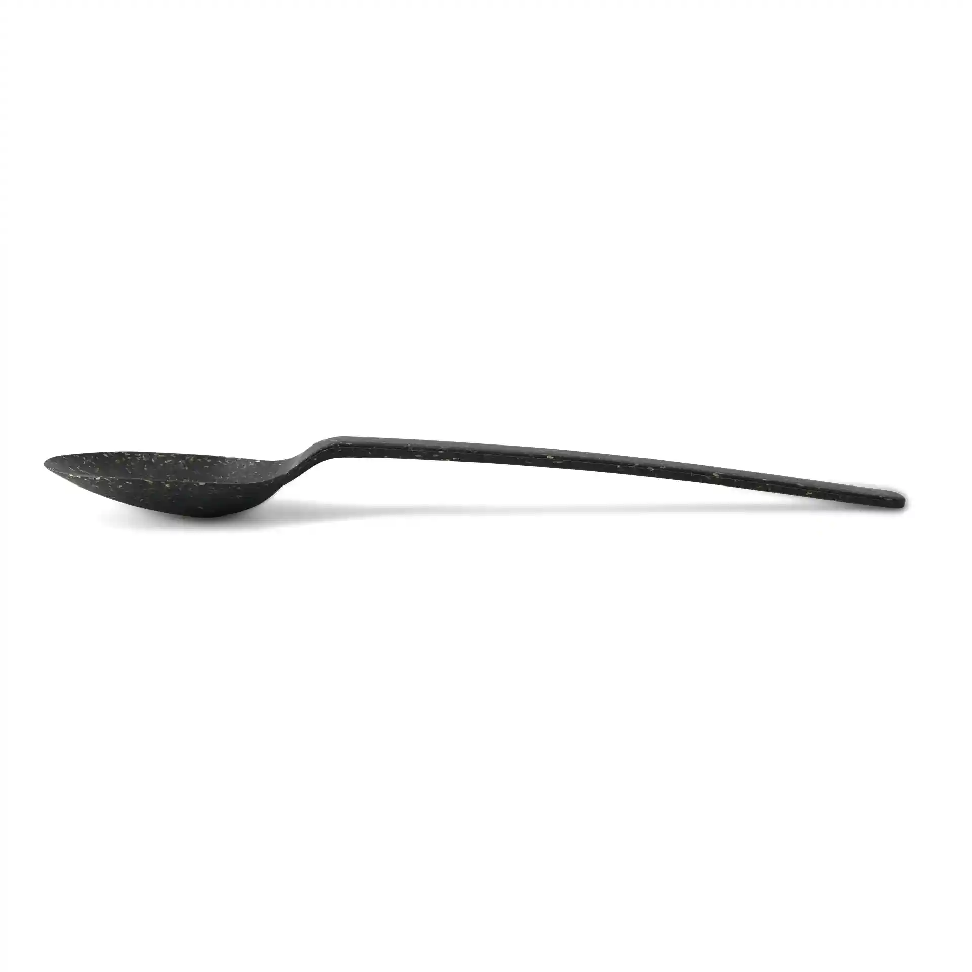 Schwarzer wiederverwendbarer Löffel aus Biokomposit, 18 cm lang, mit glattem, geschwungenem Design.