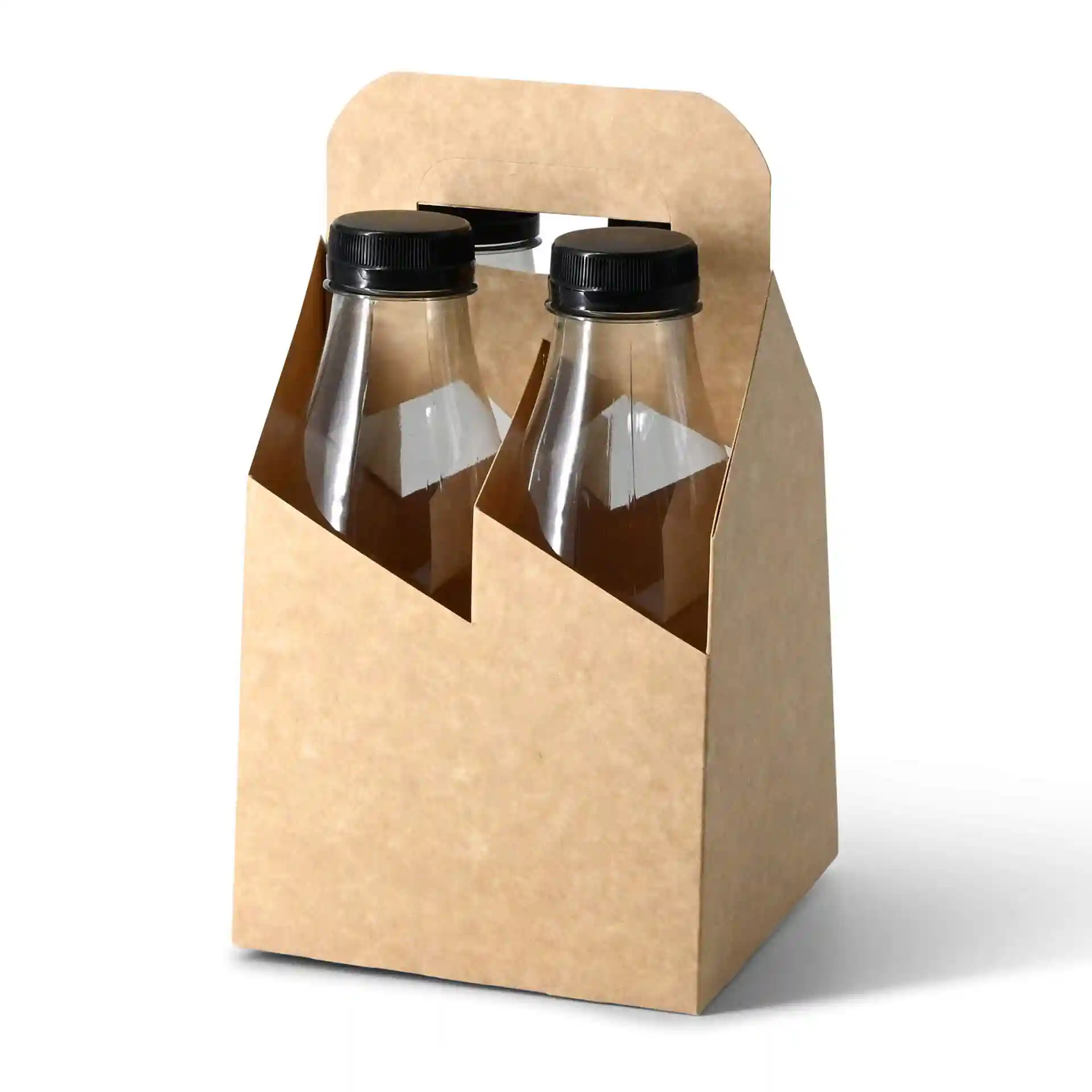 Two clear rPET bottles with black lids in a brown cardboard carrier.