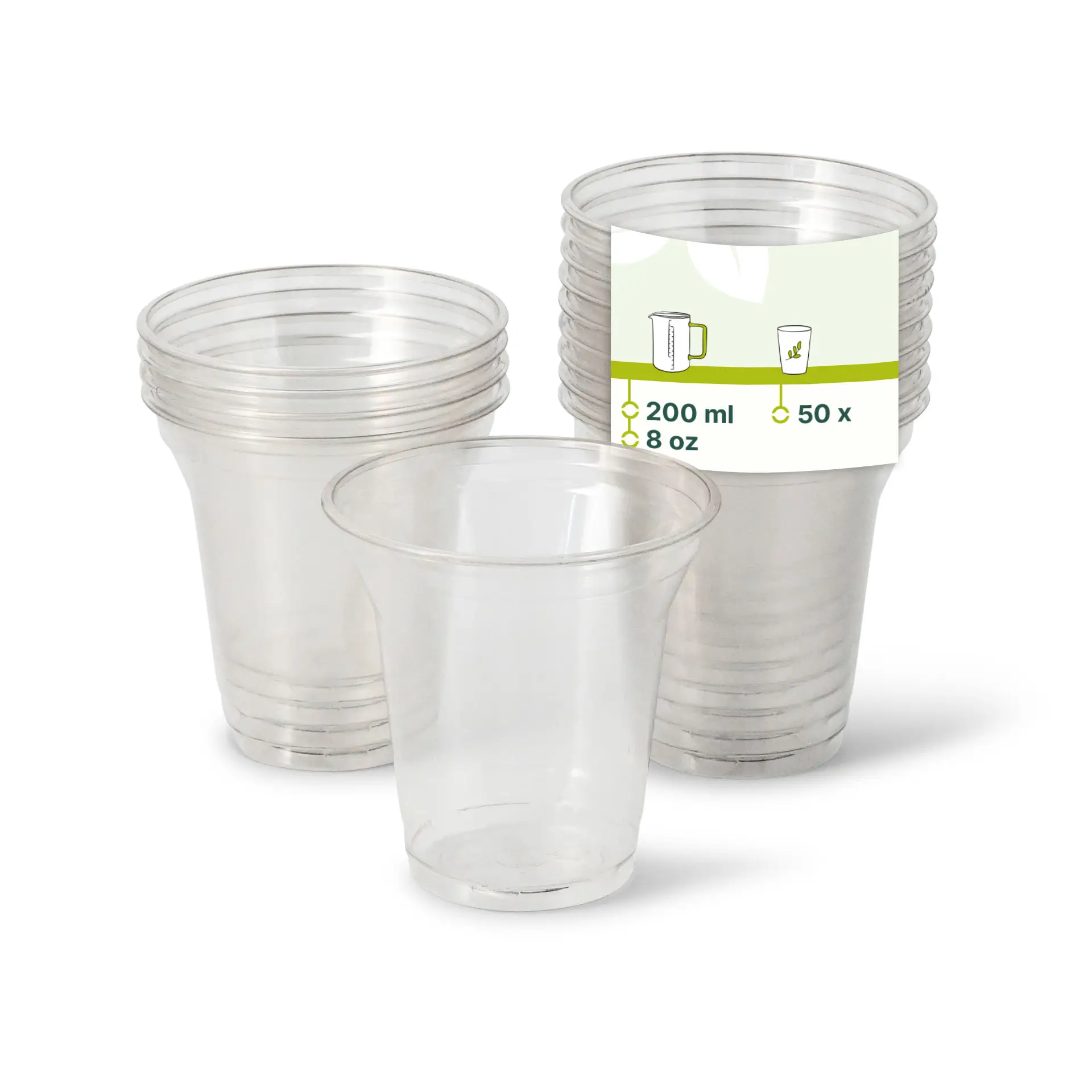 One clear disposable cup made from 100% recycled PET; several similar cups stacked behind with reduced opacity.