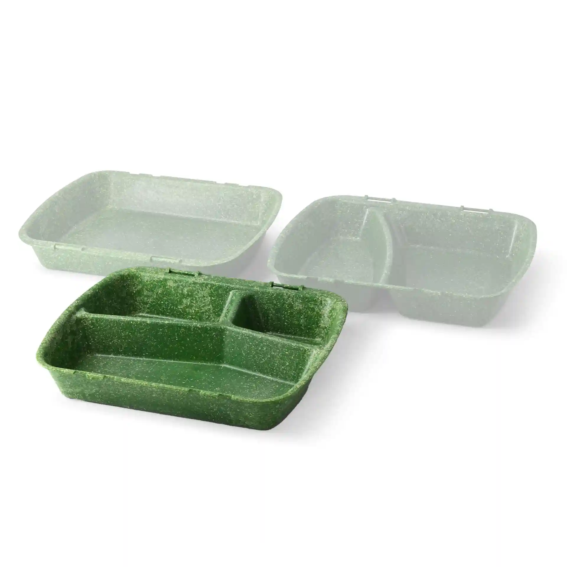 Reusable meal container with three compartments in spinach green, shown with two faded versions behind it.