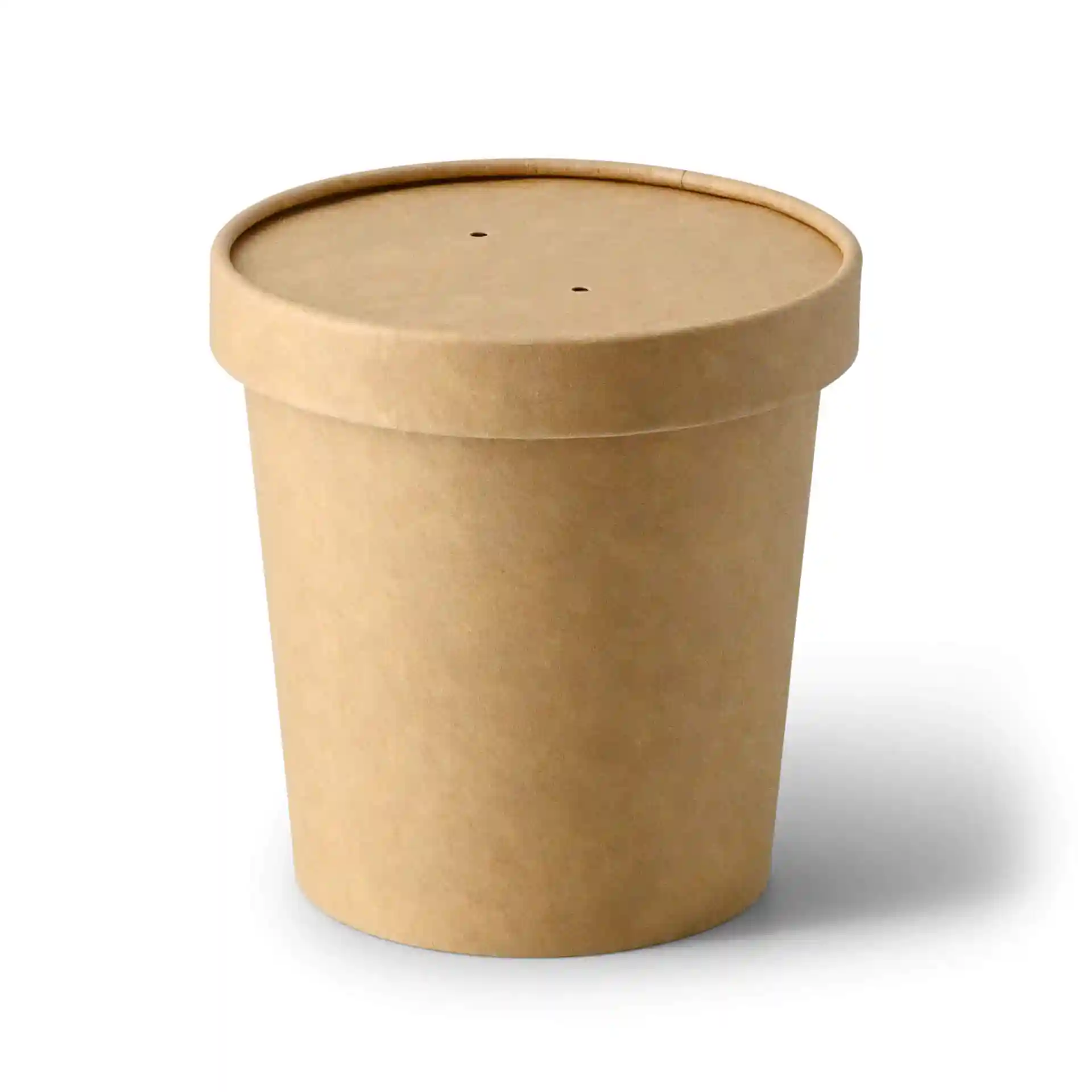 Brown cardboard soup cup with a round shape and a lid, featuring two small holes on top.