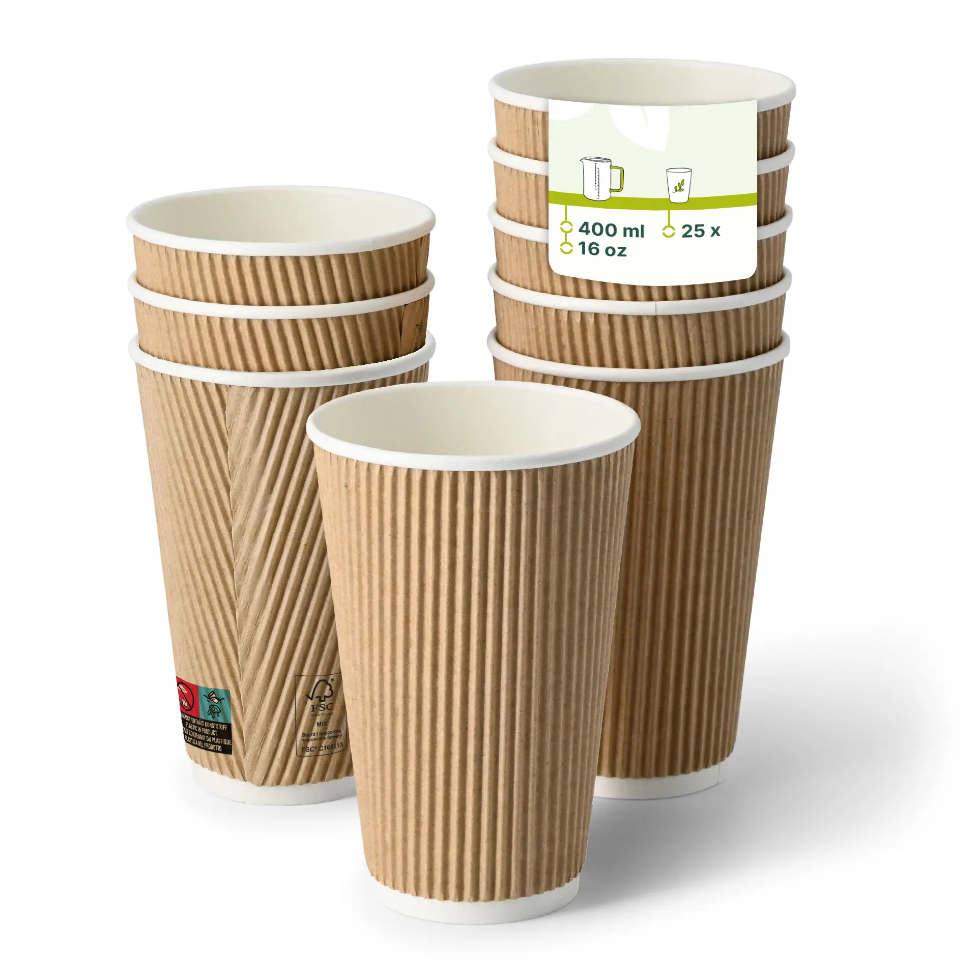 Brown ripple coffee cups stacked, with one cup in front showing a white interior and a label with product details.