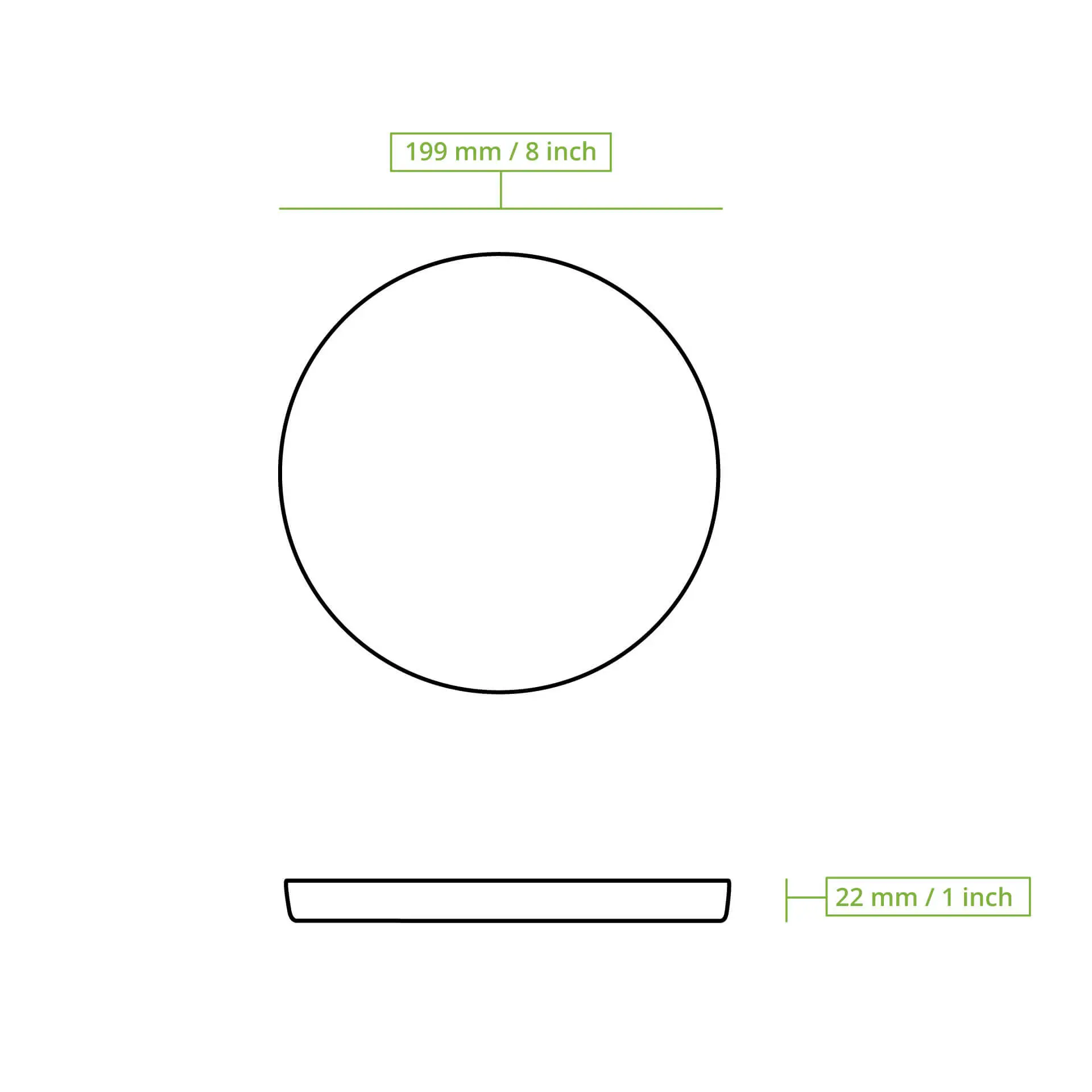 Schematic drawing of a round plate with a diameter of 200 mm and height of 22 mm.