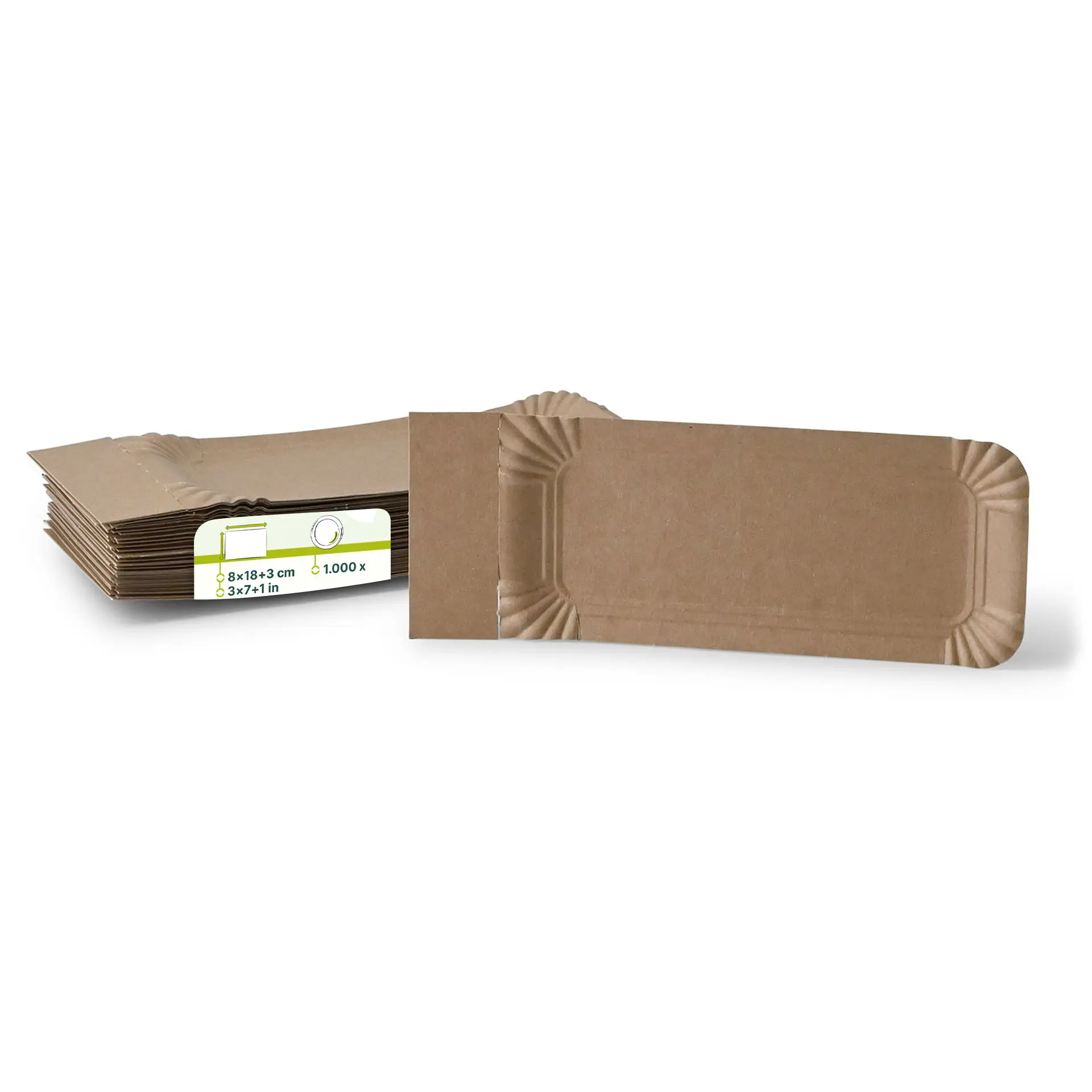 Paper plates with cut-off 8 x 18 + 3 cm, brown, rectangular Paper plates with cut-off 8 x 18 + 3 cm, brown, rectangular