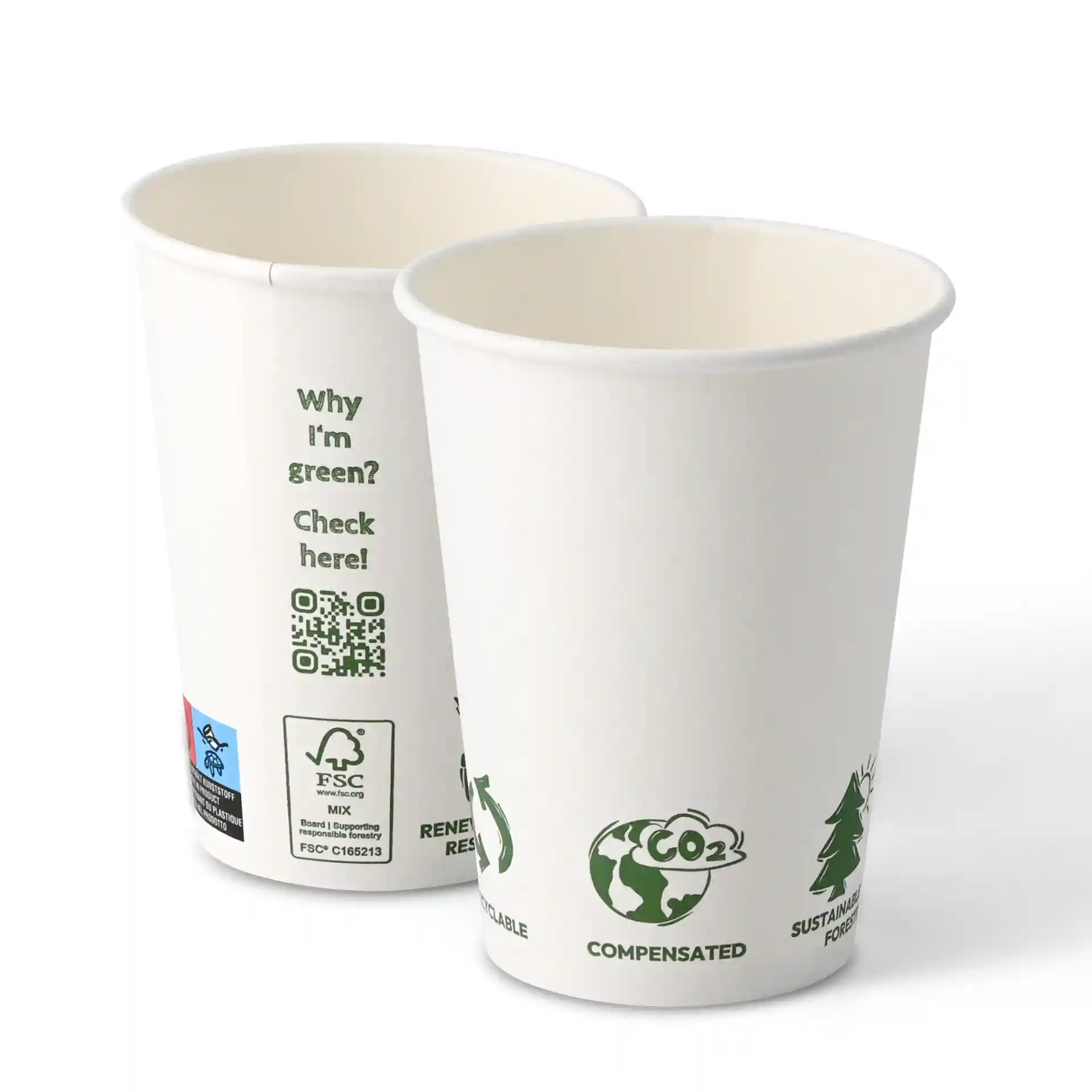 White paper cups with a single wall, 300 ml capacity, featuring various eco-related icons on the exterior.