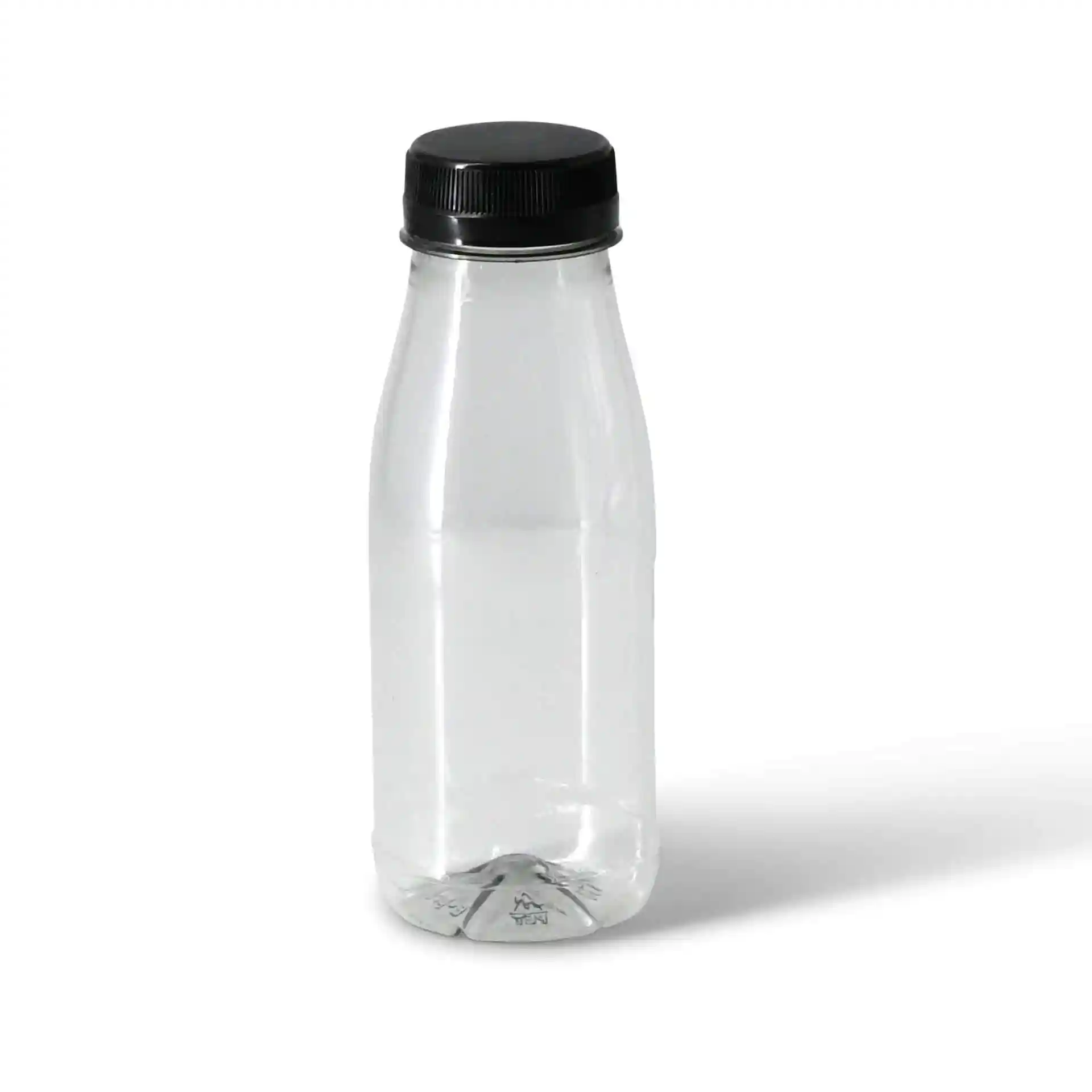 Klare rPET-Flasche mit schwarzem Deckel, 250 ml Fassungsvermögen, Höhe 149 mm, Durchmesser 34,8 mm.