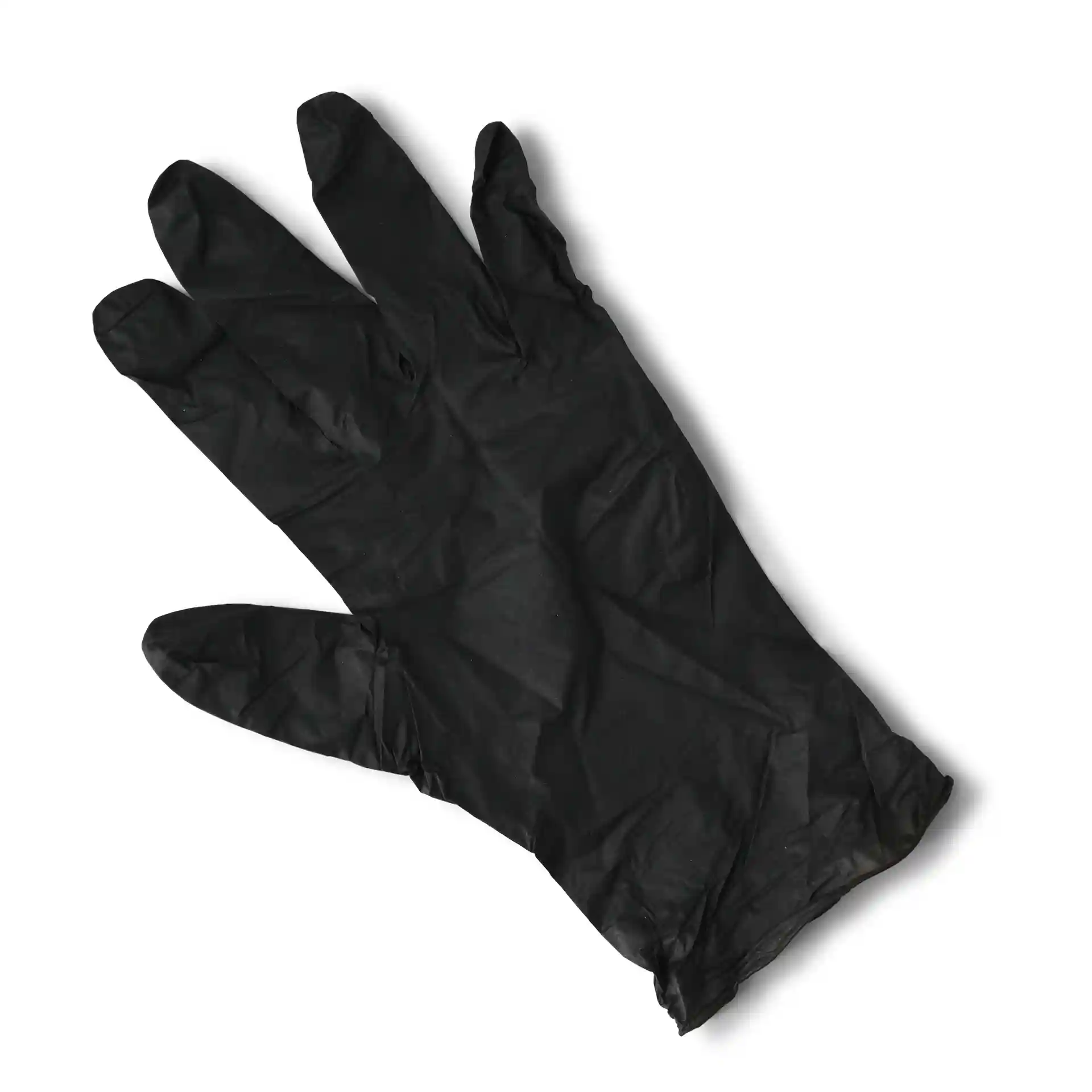 Schwarze Nitrilhandschuhe, Größe M, puderfrei, auf einem einfarbigen Hintergrund gezeigt.