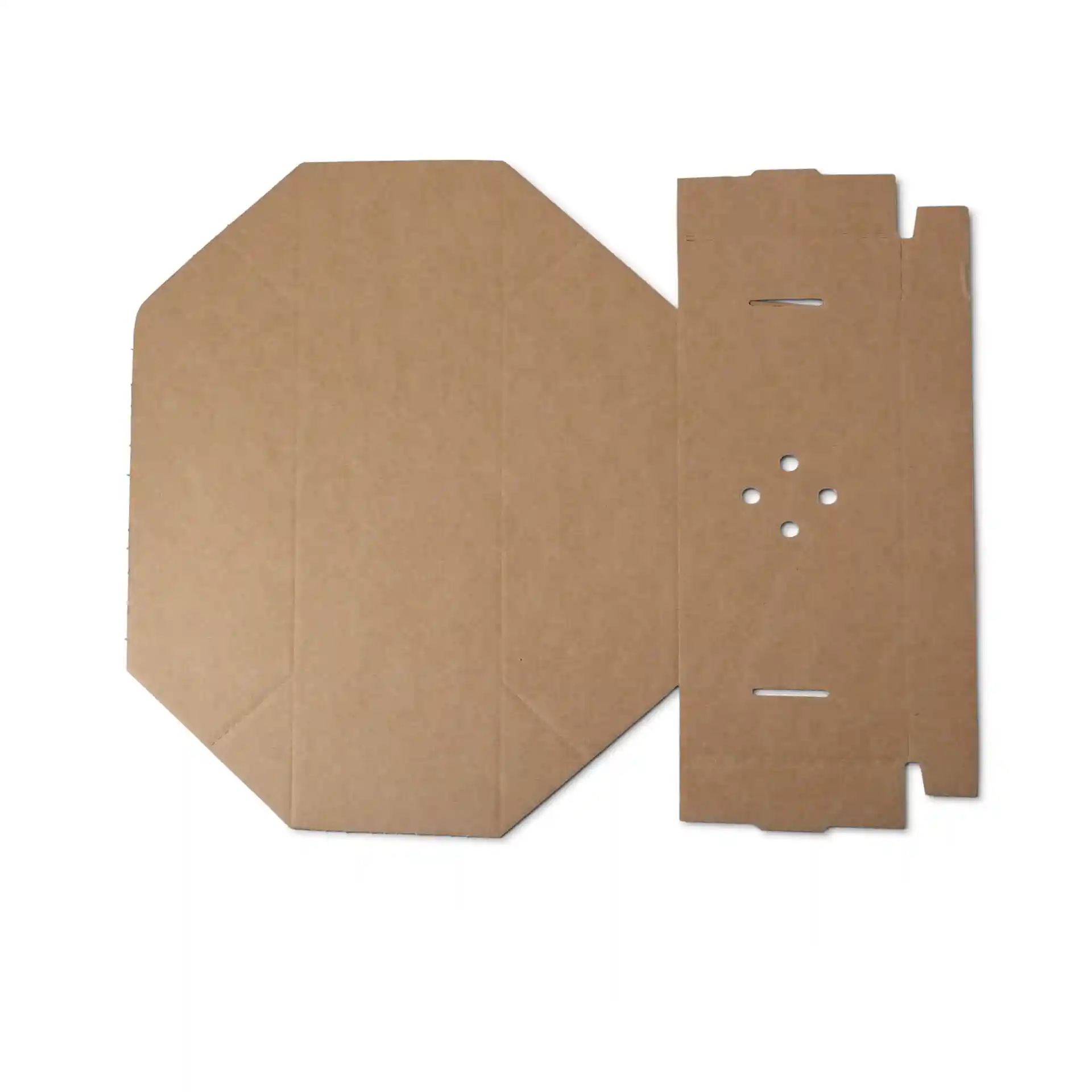 Brown cardboard takeaway double burger box, flat and collapsible, with an octagonal shape and side flaps.