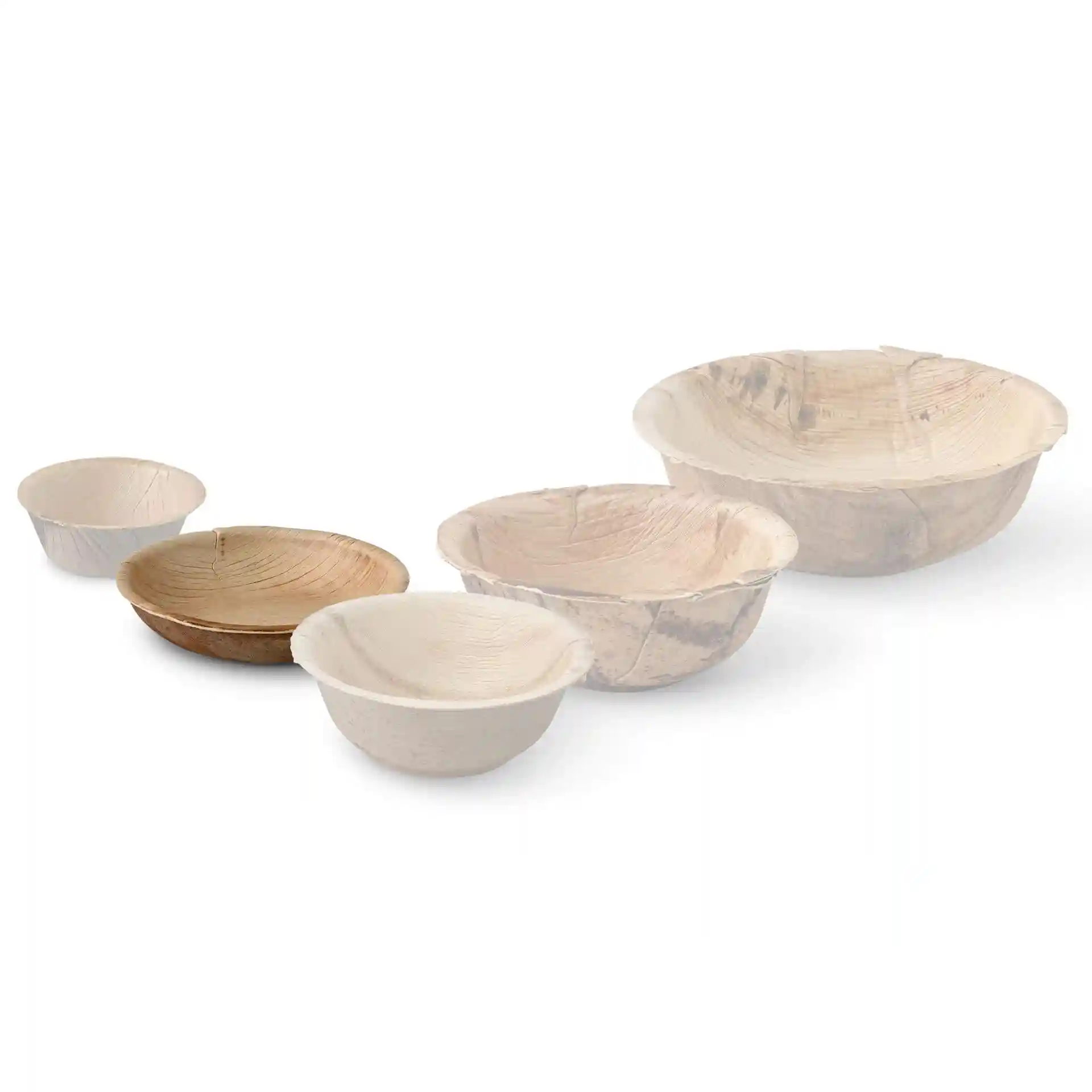Set of five round palm leaf bowls in varying sizes, showcasing natural grain patterns.