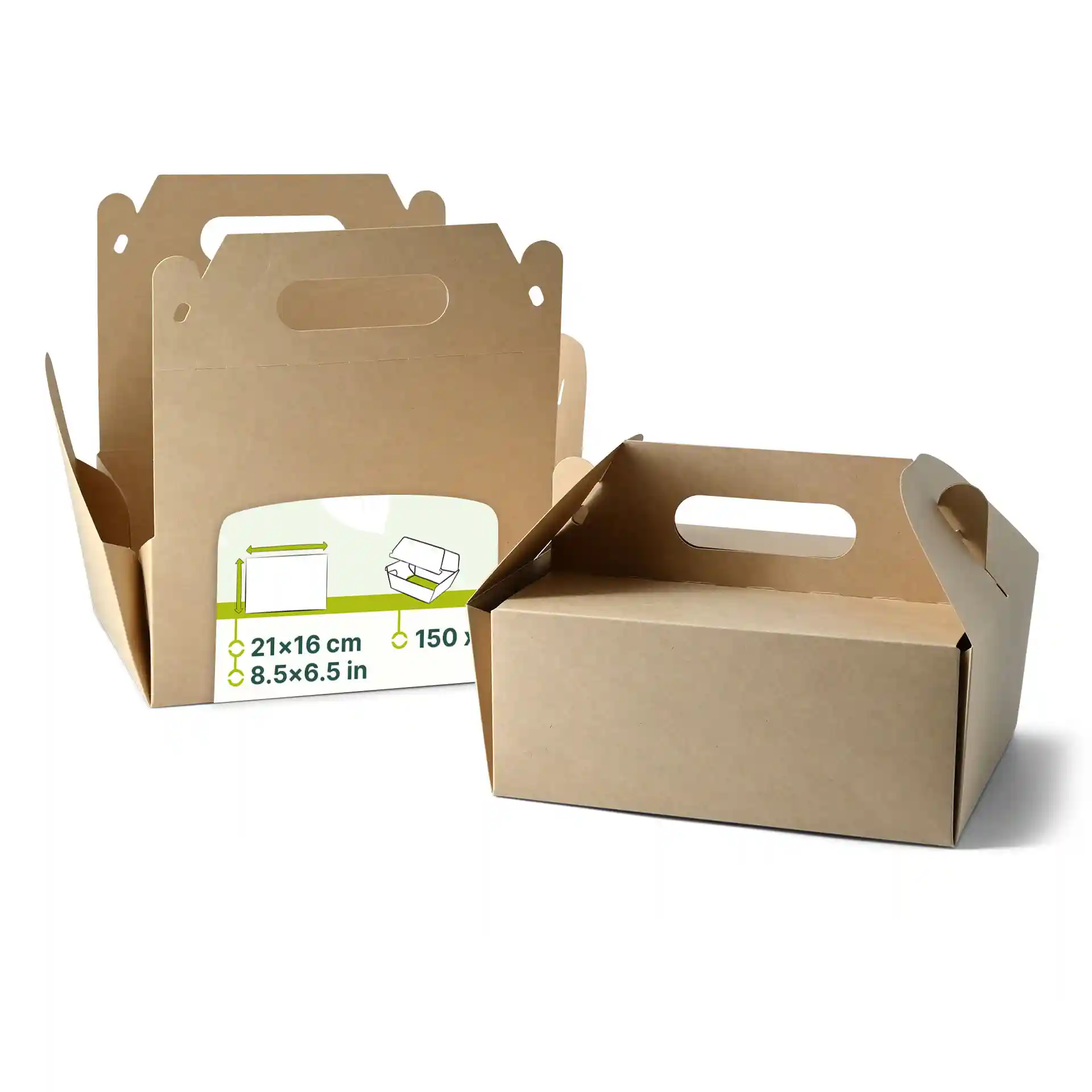Two brown cardboard pastry boxes with handles, one partially open, showing a rectangular shape and foldable design.