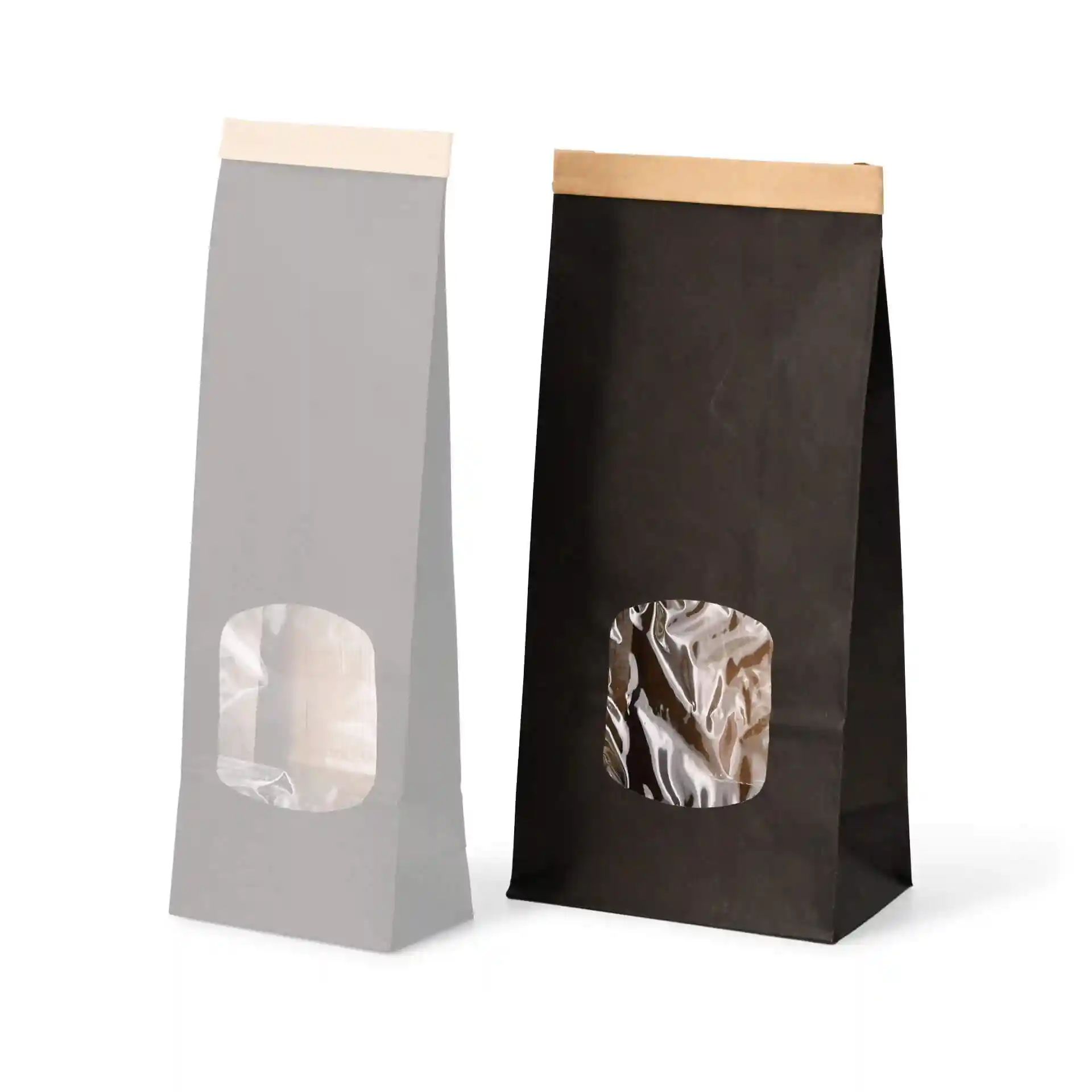 Two block bottom bags, one grey and one black, each with a transparent viewing window and kraft paper top.