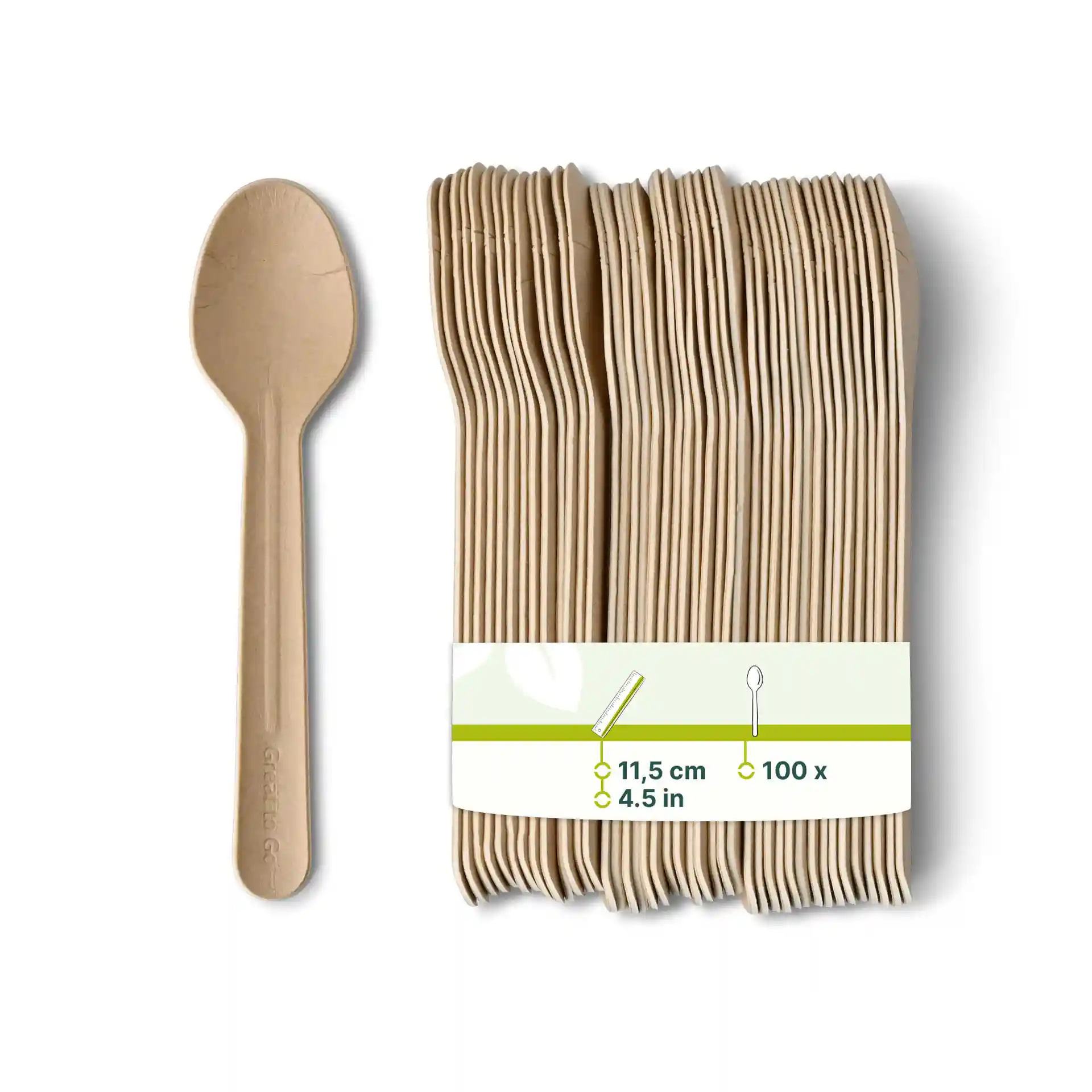 Brown paper teaspoon measuring 11.5 cm, with multiple spoons stacked and a label showing quantity of 100.