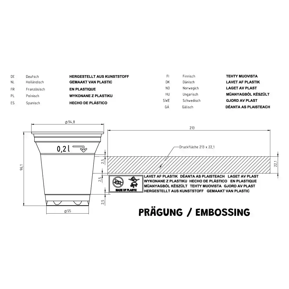 Schematische Zeichnung eines 8 oz Plastikbechers mit Abmessungen und Markierungen, transparentes Design und geprägte Details.