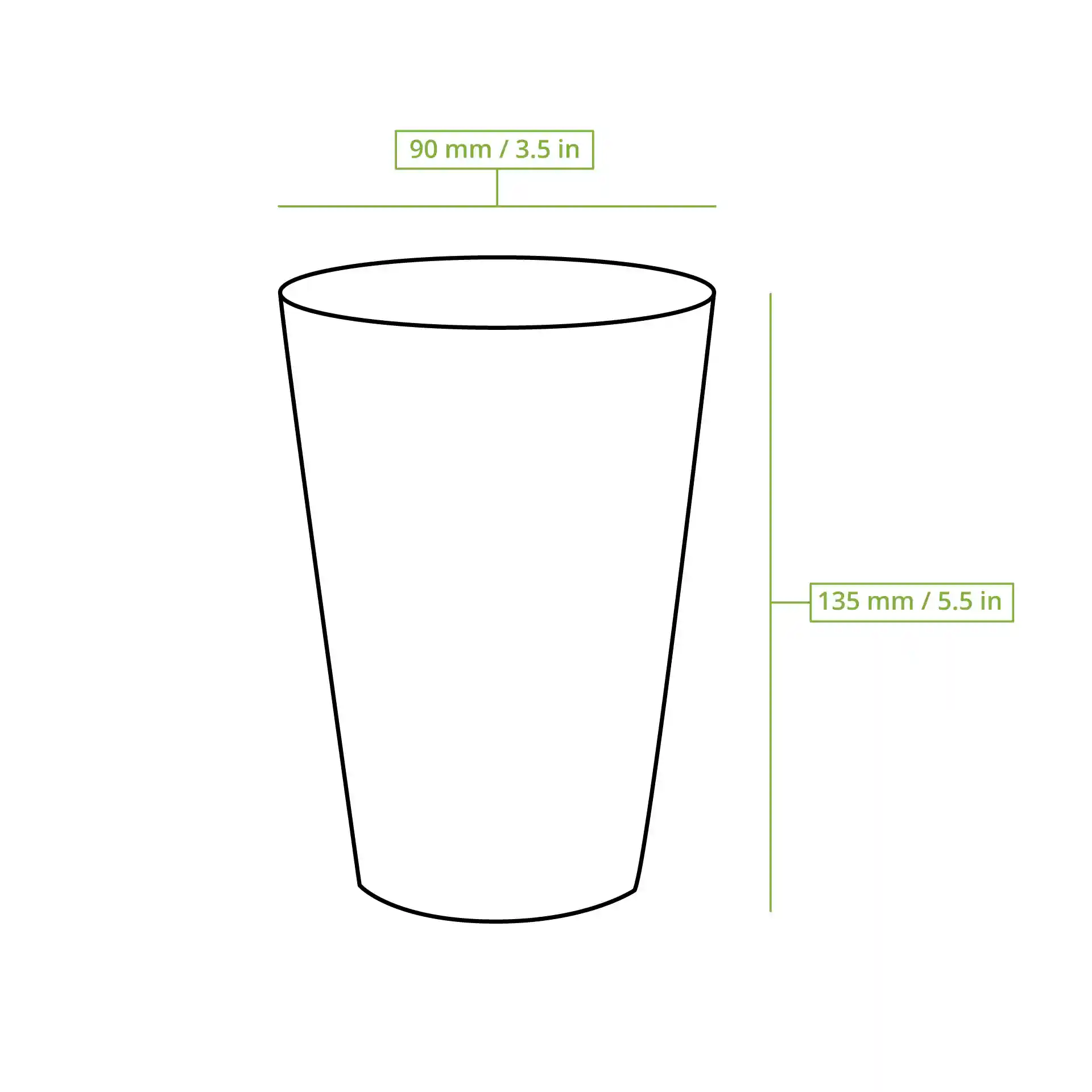 Schematic drawing of a ribbed cup with dimensions: height 135 mm and diameter 90 mm.