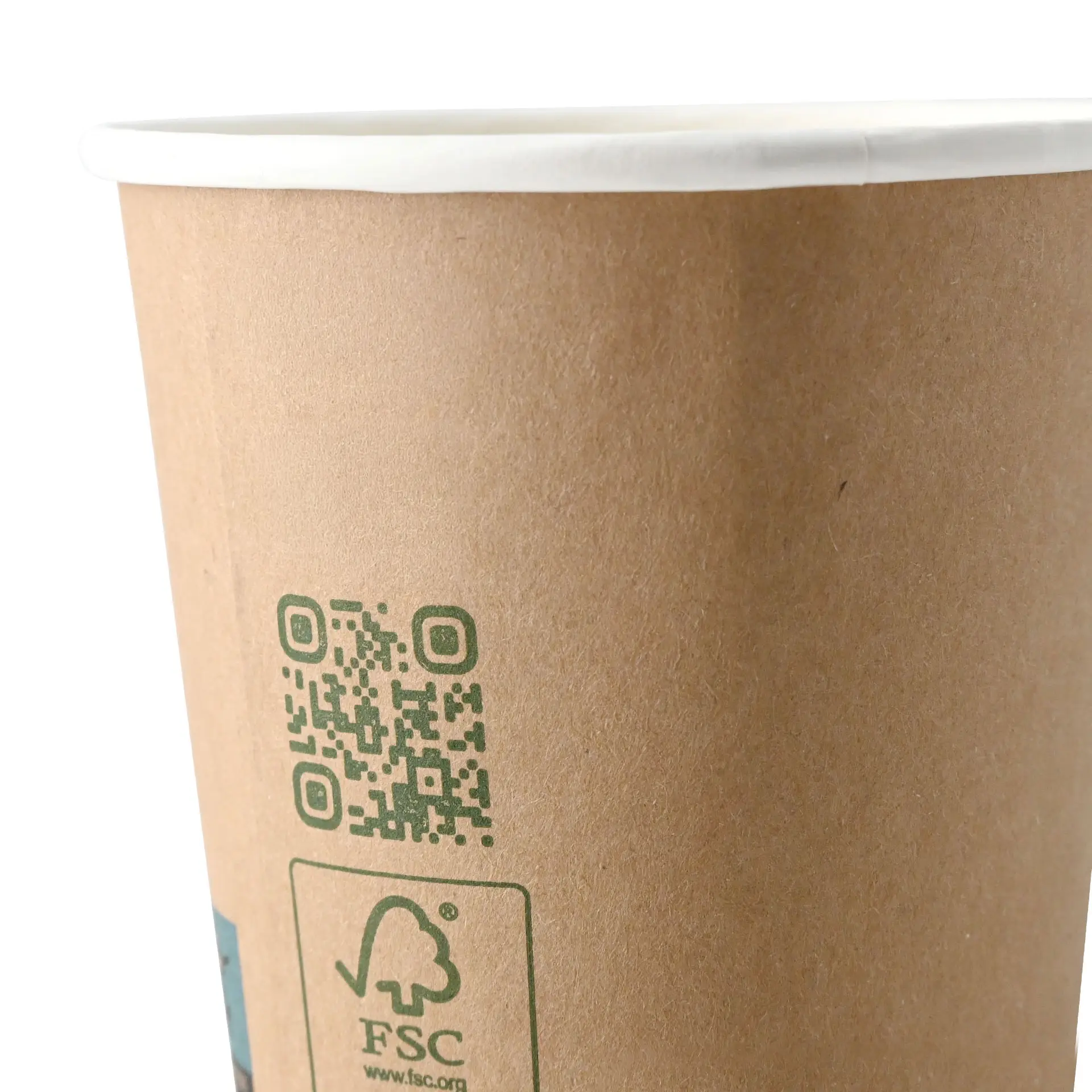 Brown double wall coffee cup with a white rim, featuring a QR code and an FSC logo on the side.