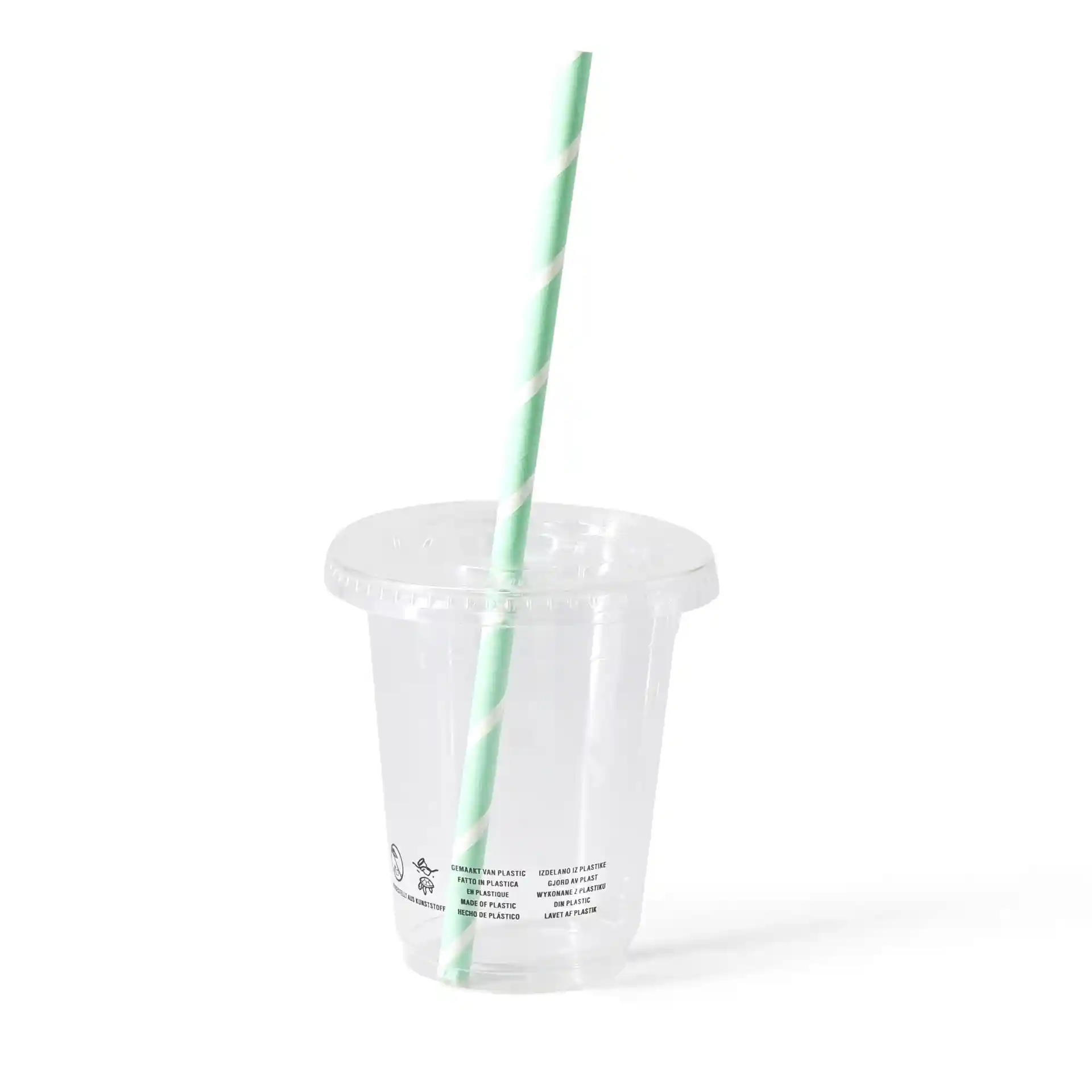 Klarer PLA-Behälter mit grün-weißer gestreifter Strohhalm, 300 ml Fassungsvermögen, auf einfarbigem Hintergrund.